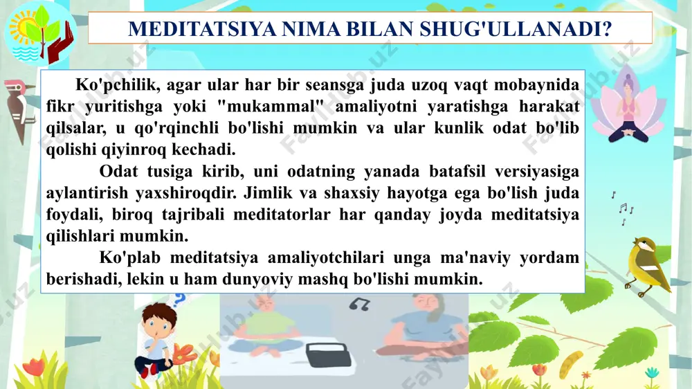 h uchun intizom va majburiyat oladi. ba'zilar o'zlari uchun tashqaridan biror narsa yoki qo'shimcha motivatsiya uchun yordam berish usullaridan ko'ra odatiy holga keltirishni qiyinlashtiradi. (agar siz bu kishilardan bo'lsangiz, meditatsiya guruhini topish mukammal hal bo'lishi mumkin). ba'zi odamlar o'z fikrlarini kunning fikrlaridan ozod qilishni qiyinlashtirishi mumkin. bu jurnali yoki jismoniy mashqlar yoki kulgili foydalanish kabi chalg'ituvchi usullar yoki jurnalistikaga o'xshash voqealarga diqqat qilishni o'z ichiga olgan uslublardan ko'ra qiyinlashishi mumkin. meditatsiya boshqa stresslarni kamaytirish usullari bilan qanday qiyoslanadi? meditatsiyaning taroziga solib qo'yishi. meditatsiya juda yaxshi, chunki u qisqa muddatli stressni qisqartirish va uzoq muddatli salomatlik uchun bepul, har doim mavjud va ajoyib tarzda ta'sir o'tkazadi. bu imtiyozlarni faqat bitta sessiyada his qilish mumkin. tajribali bir o'qituvchi foydali bo'lishi mumkin, lekin juda zarur emas. siz kitobdan yoki meditatsiya manbalaridan juda samarali meditatsiya usullarini o'rganishingiz mumkin. nihoyat, nafasingizda, hozirgi paytda, yoki biror vaqt uchun biror narsaga e'tibor qaratsangiz, endi meditatsiya qilishingiz mumkin. …