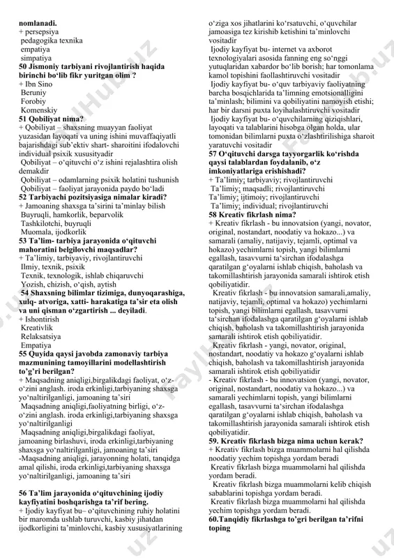 l, sxema, jadval, diagramma, tasvir, klaster, matematik, fizik, geometrik ko‘rinishlarida ifodalash ma’lumotlarni sxemaga solish ma’lumotlar asosida o‘quv jarayonini modellashtirish ma’lumotlarni qayta ishlash 32. d.tollingerova taksonomiyasida o‘quv topshiriqlari nechta turga ajratiladi? +5 ta 3 ta 7 ta 9 ta 33. tarbiyalanuvchilarning ehtiyoj, qiziqish, xohish-istaklarini inobatga olgan holda o‘quv moduli (fani) doirasida muayyan mavzu (masala)ni chuqur o‘rganish yoki ma’lum muammoning yechimini topishga yo‘naltirilgan o‘quv dasturi +mualliflik o‘quv dasturi ishchi o‘quv dasturi fan dasturi tayanch o‘quv dastur 34. xotirada saqlash, qayta yodga tushirishni talab etuvchi topshiriq turi +xabardor bo‘lishga oid topshiriq dalillar (o‘lchash, tortish, hisoblash va b.)ni aniqlashga oid topshiriq ko‘chirish (biror joyga uzatish, shaklini o‘zgartirish)ga oid topshiriq umumlashtiruvchi qisqacha ma’lumot, qoralama, mazmun va b.ni ishlab chiqishga doir topshiriq 35. raqam va ma’lumotlar bilan ishlashda oddiy fikriy operatsiyalarni taqozo etuvchi topshiriq turi +dalillar (o‘lchash, tortish, hisoblash va b.)ni aniqlashga oid topshiriq xabardor bo‘lishga oid topshiriq ko‘chirish (biror joyga uzatish, shaklini o‘zgartirish)ga oid topshiriq …