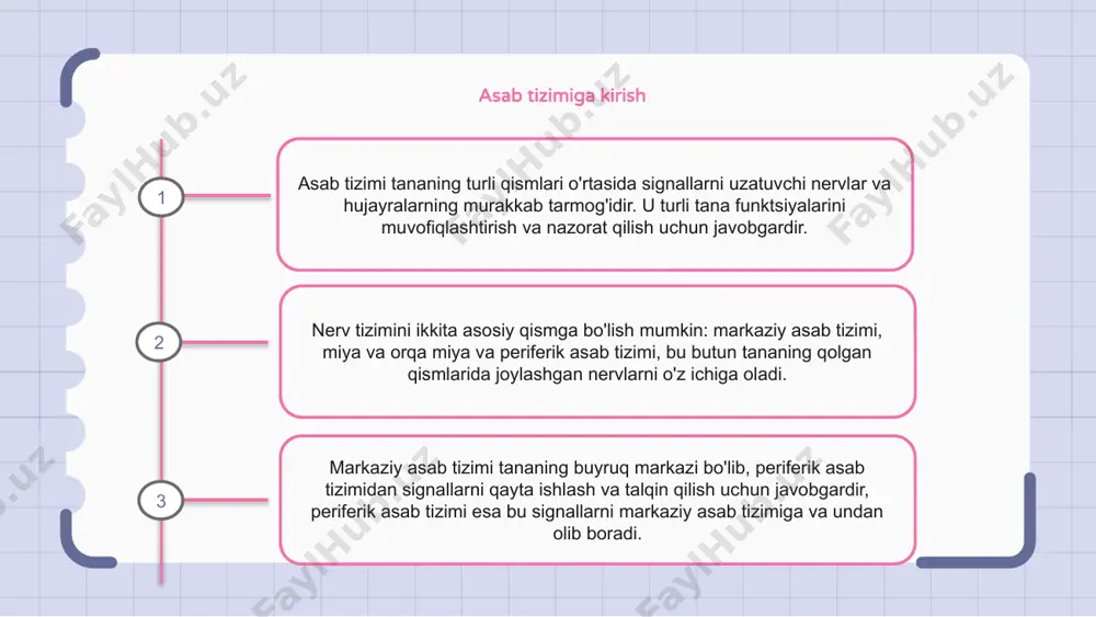 lish bloklari bo'lib, ular neyrotransmitterlar deb ataladigan kimyoviy xabarchilar orqali bir-biri bilan aloqa qiladilar. neyrotransmitterlar bir neyrondan chiqariladi va boshqa neyrondagi retseptorlarga bog'lanadi, bu signalni sinaps bo'ylab uzatish imkonini beradi. markaziy asab tizimi: miya va orqa miya markaziy asab tizimi (cns) miya va orqa miyadan iborat. miya sezgilardan olingan ma'lumotlarni qayta ishlash va talqin qilish uchun javobgardir, orqa miya esa miyani tananing qolgan qismi bilan bog'laydi. cns tananing ko'plab muhim funktsiyalarini, jumladan, harakat, muvofiqlashtirish va tana tizimlarini tartibga solishni boshqaradi. shuningdek, u xotira, o'rganish va kognitiv funktsiyalarda hal qiluvchi rol o'ynaydi. markaziy asab tizimining buzilishi falaj, sezuvchanlikni yo'qotish yoki kognitiv buzilish kabi og'ir oqibatlarga olib kelishi mumkin. ushbu kasalliklarni tashxislash va davolash uchun markaziy asab tizimining tuzilishi va funktsiyasini tushunish juda muhimdir. periferik asab tizimi: nervlar va ganglionlar periferik asab tizimi markaziy asab tizimi va tananing qolgan qismi o'rtasida signallarni uzatish uchun javobgardir. u miyaga va miyadan ma'lumot olib boradigan …