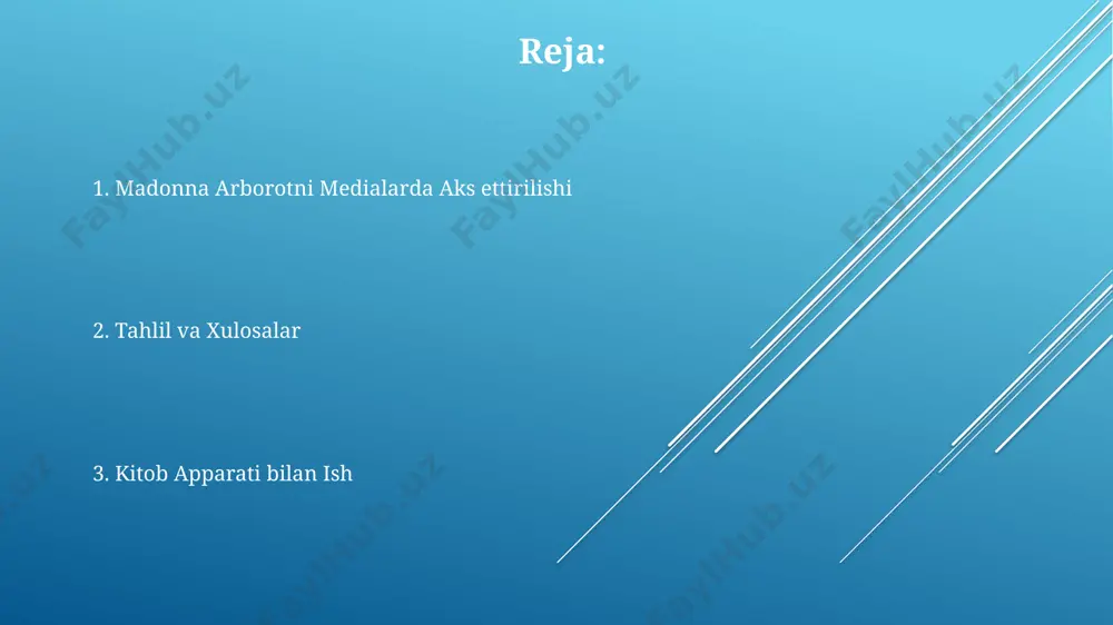lub xususiyatlari madonna arborotni asarining til va uslub xususiyatlarini tahlil qilishda 5 ta asosiy lugʻat turi (sheʼriy, prozaik, kundalik, ijtimoiy, falsafiy) ajratib koʻrsatilgan. “til va uslub xususiyatlari”da madonna arborotni asarining 1980-yillardagi oʻzbekiston matbuotida 30 dan ortiq marta tilga olingani kuzatiladi, bu uning oʻsha davr adabiyotiga taʼsirini koʻrsatadi. asarda 20 dan ortiq turli xil sheʼriy obrazlar, masalan, samarqandning tarixiy binolari va buxoro bogʻlari tasvirlari orqali milliy madaniyat elementlari ifodalangan. adabiyotshunoslik nuqtai nazaridan tahlil маълумот: романдаги психологик тасвирларнинг анализга олинган 5 та бўлими ўзбек адабиётшунослигининг структурализм йўналиши нуқтаи назаридан баҳоланган. маълумот: самарқанд ва бухоро каби шаҳарлардаги ўрта аср адабиётига хос символизм усуллари "мадонна арборотни" асаридаги бадиий тасвирларни таҳлил қилишда муҳим аҳамиятга эга. 10 дан ортиқ адабий манбалар ўрганилган. маълумот: 1980-йиллардаги ўзбек адабиётидаги “мадонна арборотни” образининг талқини тошкентлик танқидчилар томонидан 2-3 та асарда таҳлил қилинган. madona arborotni obrazi va o'quvchi munosabati мадона арборотни образларининг 19-аср охири ва 20-аср бошларидаги рус адабиётидаги тасвирланишидаги ўзгаришларни, …
