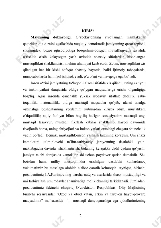 alohida e’tibor qaratib kelmoqda. ayniqsa, birinchi prezidentimiz i.a.karimovning barcha nutq va asarlarida shaxs mustaqilligi va uni tarbiyalash umumdavlat ahamiyatiga molik ekanligi ta’kidlanadi. jumladan, prezidentimiz ikkinchi chaqiriq o‘zbekiston respublikasi oliy majlisining birinchi sessiyasida: “ozod va obod vatan, erkin va farovon hayot-provard maqsadimiz” ma’ruzasida “... mustaqil dunyoqarashga ega ajdodlarimizning bebaho meros va zamonaviy tafakkuriga tayanib, yashaydigan shaxs-komil insonni tarbiyalashdan iborat”,– deb alohida ta’kidlaydi. hozirgi kunda pedagogika fani yo‘nalishida salmoqli ilmiy tadqiqotlarning amalga oshirilishi ta’lim-tarbiya tizimini tubdan o‘zgartirish, barkamol insonni shakllantirish, ertangi taqdirimizni belgilab beruvchi dolzarb masalalardan biriga aylanganligiga bevosita tavsif beradi. mamalakatimizda yosh avlodni mustaqillikka o‘rgatish borasida keng qamrovli amaliy ishlar bajarishga kirishildi. bu masala o‘zbekiston respublikasining “ta’lim to‘g‘risida” gi qonuni , kadrlar tayyorlash milliy dasturida alohida o‘rin egallaydi. zero, har ikkala xujjatda o‘sib kelayotgan yosh avlodning ijtimoiy-siyosiy hayotda ongli ravishda mustaqil ishtirok etishi, ijtimoiy jarayonga faol ta’sir etishi, o‘z qadr-qimmatini xis qilishi, o‘zida erkin fikrlash ko‘nikmalarini shakllantirishi dolzarb vazifalar sifatida belgilab …