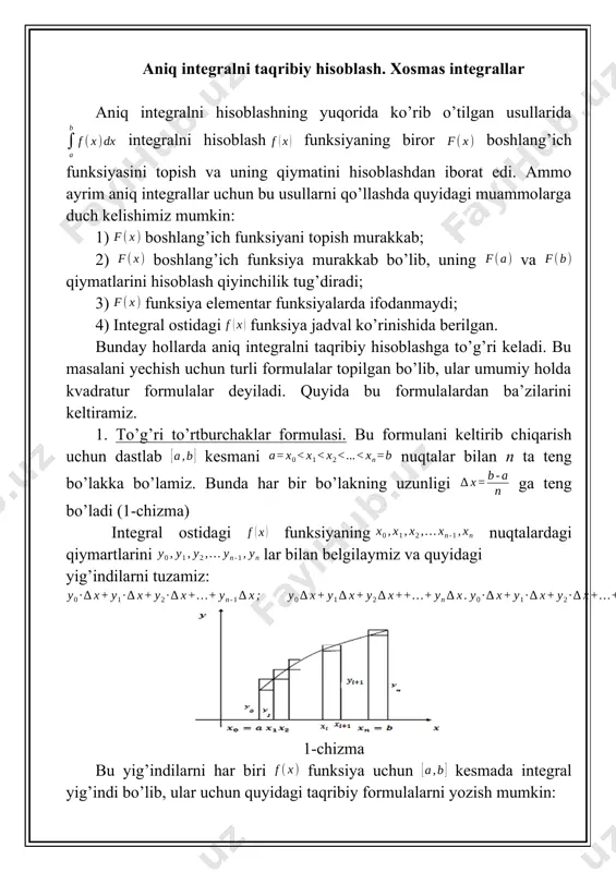 ladi. bu yerda soni ixtiyoriy tanlanadi. soni qanchalik katta bo’lsa, integralning qiymati shunchalik aniq bo’ladi. iii. parabola formulasi (simpson formulasi). kesmani ta teng bo’laklarga bo’lamiz. va kesmalarga mos kelgan va egri chiziq bilan chegaralgan egri chiziqli trapetsiyachalarning yuzlarini , nuqtalardan o’tuvchi parabola bilan chegaralgan egri chiziqli trapetsiya bilan almashtiramiz. bunday egri chiziqli trapetsiyani parabolik trapetsiya deyiladi (3-chizma). o’qi o’qiga parallel bo’lgan parabo’lani tenglamasi dan iborat bo’ladi. 3-chizma a, b, c koeffitsientlar parabolaning berilgan uchta nuqtadan o’tish shartidan topiladi. qolgan kesmalar uchun ham yuqoridagidek parabolalarni yasaymiz. hosil bo’lgan parabolik trapetsiyachalar yuzlarining yig’indisi integralning taqribiy qiymatini beradi. u quyidagi formuladan iborat boladi: bu formula simpson formulasi deyiladi. yuqorida biz integralni integrallash kesmasi chekli va integral ostidagi funksiya uzluksiz bo’lgan hollarda o’rgandik. ta’rif. funksiyaning cheksiz yarim oraliq bo’yicha i tur xosmas integrali deb yuqori chegarasi o’zgaruvchi integralning bo’lgandagi limitiga aytiladi va u deb belgilanadi. demak, ta’rifga asosan, u ko’rinishda belgilanadi. agar yuqoridagi tenglamaning …