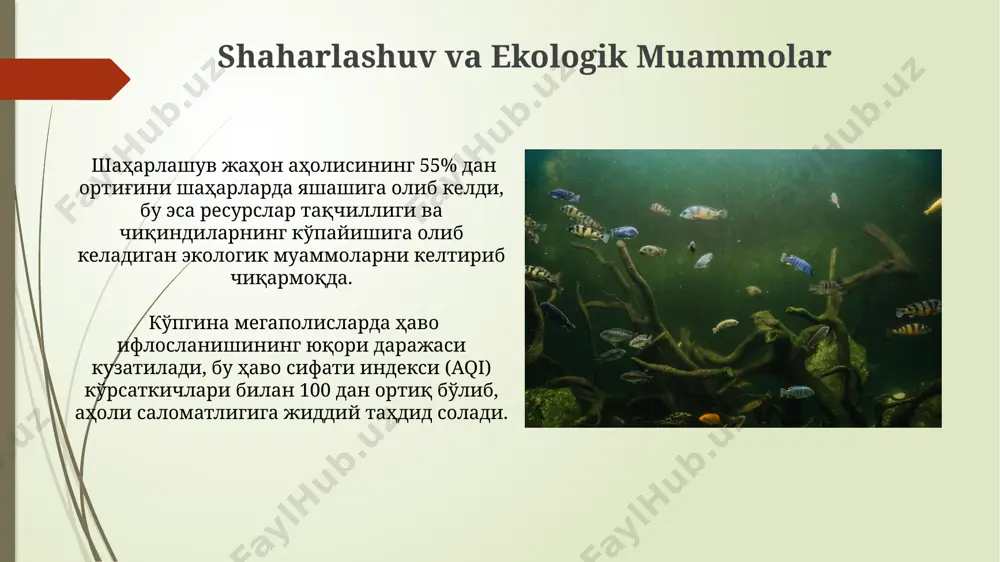 rining kuchayishiga olib keladi. sanoat korxonalarining 70% dan ortig'i eskirgan texnologiyalarni qo'llaydi, bu esa atrof-muhitga zararli chiqindilarning ko'payishiga olib keladi va global isishga hissa qo'shadi. bioxilma-xillikni saqlash биоxilma-xillikni saqlash bo'yicha global harakatlar natijasida 2020 yilga kelib, 100 000 dan ortiq turlar xavf ostida ekanligi aniqlangan, ammo saqlash choralarining samaradorligi hali yetarli emas. o'simliklar va hayvonot dunyosining bioxilma-xilligini saqlashga yillik 100 milliard dollardan ortiq mablag' sarflanadi, biroq bu miqdor yer sayyorasining bioxilma-xilligini to'liq himoya qilish uchun yetarli emas. kelajakdagi tadqiqot yo'nalishlari inson ekologiyasining murakkab tizimlariga, masalan, 10 yildan ortiq davom etadigan global o'zgarishlarni modellashtirishga bag'ishlangan murakkab kompyuter simulyatsiyalarini ishlab chiqish zarur. antropogen ta'sirlarning 2050-yilgacha bo'lgan ekologik oqibatlarini prognoz qilish uchun yuqori aniqlikdagi sun'iy intellekt (ai) asosidagi bashorat modellari yaratish dolzarbdir. e'tiboringiz uchun rahmat @taqdimot_robot image1.jpg image2.jpg image3.jpg image4.jpg image5.jpg image6.jpg image7.jpg image8.jpg image9.jpg image10.jpg image11.jpg image12.jpg image13.jpg image14.jpg image15.jpg image16.jpg image17.jpg