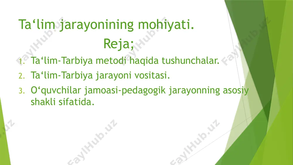 hiy tezlikda e galiklari, jamoa a’zolari o‘rtasida o‘zaro do’stlik, hamjihatlik va bor biriga yordam ko‘rsatish tuyg'ularining qaror topganligi, jamoada ishchanlik , ma'suliyatni his qilish. tarbiya metodlari: ishontirish; namuna; mashq; rag‘batlantirish; jazolash. e'tiboringiz uchun raxmat! tayyorladi : do‘sboyeva t qabul qildi: to‘xtayev .h /docprops/thumbnail.jpeg