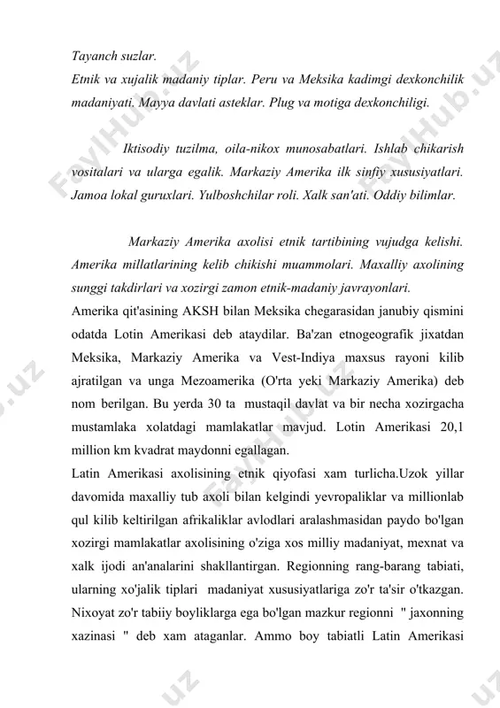 tub axoli o'tmishda yuksak madaniyat yaratib, faqat latin amerikaliklargagina emas, balki jaxon madaniyatiga xam zo'r xissa qo'shganlar. indeys qabilalari birinchi bo'lib jaxonga birinchi bo'lib kartoshka, pomidor, makka, anioka, paxta; kungabaqar, kakao va boshqa muxim ekinlarni ekib tanilgan. ular dastlab kauchuk shirasidan foydalanish, kurare zaxarini ishlab chiqarish va medisinada foydalanishni o'rgatganlar, gamakni kashf qilib jaxonga yoyganlar. ajoyib, go'zal, qadimiy arxitektura, katta xashamatli shaxarlar va dabdabali piramidalar, afsonaviy o'yma va bo'rtma ramlar bilan bezatlgan ko'shku saroylar, turli shakl va xajmdagi go'zal xaykallar, rang-barang bo'yoqlar sopol idish va buyumlar, tilladan qo'yilgan xar xil xaykallar indeyslarning jaxon madaniyatiga qo'shgan zo'r xissasidir. latin amerikasi indeyslari yaratgan ko'y va o'yinlari xam uzoq elatlarga ilk sinfiy jamiyat, yuksak san'at va xunarmantchilik ega bo'lgan davlatlar paydo bo'lgan. tadqiqotchilarning fikricha, xozirgi meksika xududiga odamlar 15-20 ming yillar mukaddam kela boshlagan. ular tinch okean soxillari bo'ylab kelganlar, keyin ichki vodiylarni egallaganlar. dastlab meksikada ovchilik, baliqchilik va terib-termachlab kun kechiruvchi mayda …