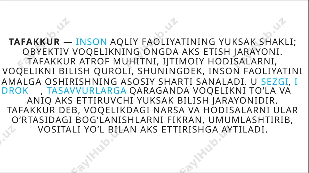 diyatsiz, asoslangan flkr yuritishga imkon beradi. aniq- lik, izchillik, ziddiyatlardan xoli bolish va asoslanganlik to‘g‘ri tafakkurlashning asosiy belgilaridir. tafakkur tushuncha, hukm (mulohaza) va xulosa chiqarish shaklida mavjud bo‘ladi. inson bilish jarayonida buyum va hodisalar, ularning sifat, xususiyatlari haqida tushunchalar xosil qiladi, fikr-mulohaza yuritadi, ularni mantiqiy bog‘lab, xulosalar xosil qiladi. bu jarayonni tushunish uchun tafakkur shakli va tafakkur qonuni nima ekanligini bilib olish zarur. tafakkur shakli fikrning mazmunini tashkil etuvchi elementlarning bog‘lanish usuli, uning strukturasi (tuzilishi)dir. fikrlash elementlari deganda, predmetning fikrda ifodalangan belgilari haqidagi axborotlar tushuniladi. masalan, “mening onam” tushunchasida bizni dunyoga keltirgan, boqib katta qilgan, tarbiyalagan ayol aks etadi. agar tushuncha (mening onam) aks ettirayotgan predmetni a bilan, unda fikr qilinayotgan muhim belgilarni, ya’ni fikrlash elementlarini a, v, s,..., n bilan belgilasak, tushunchaning mantiqiy strukturasini a (a, v, s,..., n) shaklida simvolik tarzda ifodalash mumkin. image1.jpeg image2.jpeg image3.jpeg image4.jpeg image5.jpeg /docprops/thumbnail.jpeg
