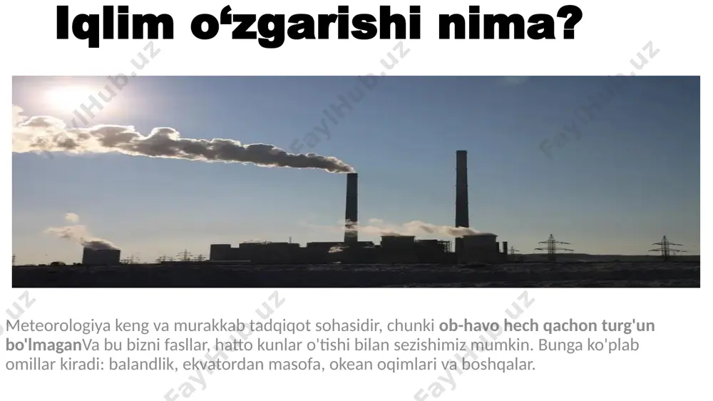 sabab bo'lgan. masalan, 65 million yil oldin asteroid yerga urilib, muzlik davriga sabab bo'lgan, ofatdan keyin tirik qolgan bir nechta dinozavrlarni yo'q qilish. so'nggi paytlarda, 12.800 xnumx yil oldin meksikani urgan meteorit xuddi shu narsani keltirib chiqargan degan nazariya tobora ko'proq qabul qilinmoqda. antropogen sabablar inson shu paytgacha iqlim o‘zgarishini yomonlashtirishi mumkinligi haqida gapirish mumkin emas edi el homo sapiens o'rmonlarni kesishni boshlaydi ularni qishloq xo'jaligi maydonlariga aylantirish. to'g'ri, o'sha davrda (taxminan 10 ming yil oldin) insoniyat besh milliondan oshmagan, garchi bu muhim ko'rsatkich bo'lsa-da, yerga ta'siri bugungi kunga qaraganda ancha kam edi. hozir biz 7 milliard kishini qamrab olish arafasidamiz. bizning sayyoramizga qilgan ishlarimiz o‘z ta'sirini ko'rishni boshlaydi, chunki sanoat inqilobidan beri biz issiqxona ta'sirini yomonlashishiga yordam beradigan karbonat angidrid yoki metan kabi gazlar chiqindilarini ko'paytirdik. ammo, u nimadan iborat? ushbu jarayon haqida gapirganda, ga murojaat qilinadi atmosferada quyoshdan issiqlikni ushlab turish unda topilgan gazlar qatlami (masalan, co2, metan …