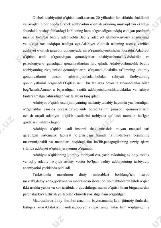 amiyatini yoritishda ochiladi. turkistonda musulmon diniy maktablari boshlang’ich savod maktabi,daloyixona,qorixona va madrasadan iborat bo’lib,maktablarda kitob o’qish ikki usulda-yakka va xor tartibida o’quvchilarga asarni o’qitish bilan birga,asardan parchalar ko’chirtirish yo’li bilan chiroyli yozishga ham o’rgatilgan. madrasalarda diniy ilm,ilmi aruz,ilmi bayon,mantiq kabi ijtimoiy fanlardan tashqari riyozat,falakiyot,handasa,tibbiyot singari aniq fanlar ham o’qilgan,diniy kitoblar va adabiy asarlarni o’qishda ifodali o’qish ,badiiy o’qish,yoddan o’qish,husnixat,sharhli o’qish usullaridan foydalanilgan. eski maktab va madrasalardagi ta’limda shbu usullarning qo’llanishi ifodali o’qish,so’zlarni to’g’ri talaffuz qilish ,lingvistik malakalarni egallashga yordam beradi.talabalar arab va fors tillarida yozilgan badiiy kitoblarni o’qish orqali sharqning mashhur klassiklari –sa’diy,hofiz,fuzuliy,bedil asarlari bilan tanishganlargi, bu eski maktb va madrasalardagi ta’limning ijobiy tomonidir.ammo eski maktab va madrasalarda o’qish muddati rasmiy ravishda belgilanmagan edi. maktab va madrasalarga maxsus tashkilotga rahbarlik qilmas,o’qishlar yagona o’quv rejasi asosida olib borilmas edi.mana shu holat va o’qishning asosan,arab,fors tillarida olib borilganligi sababli ko’pchilikni tashkil etgan mehnatkashlarning bolalari savodli bo’la olmaganlar. uzoq asrlik tarixga ega bo’lgan …
