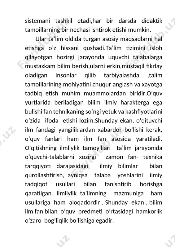 b chiqadiki, buni o’qitish qoidalari deb ataladi. o’qitish qoidalarini bilish o’qitishning zarur usullarini yanada ishonchliroq tanlashga imkon beradi. ta’lim qoidalari - o’qituvchining faoliyatini va o’quvchilar tomonidan ilmiy bilmlarning o’zlashtirilishi, tegishli ko’nikma va malakalar hosil qilishning asosiy qonun va yo’l – yuriqlarini o’z ichiga oladi. shu bilan bir vaqtda ta’lim qoidalari har ikkala faoliyatni, ya’ni o’qituvchi va o’quvchi tomonidan o’z oldiga qo’yilgan vazifalarni muvaffaqiyatli amalga oshirish imkoniyatini beradigan bir qancha talablarni ham umumlashtirib beradi. ta`lim o`qituvchining faoliyati va o’quvchilar tomonidan ilmiy bilimlarni o`zlashtirilishi, tegishli ko`nikma va malakalar hosil qilishning asosiy qonuni va yo`l-yo`riqlarni o`z ichiga oladi. ta`lim tamoillari o`qitishning eng muhim masalalarini nazariy va amaliy jihatdan to`g`ri hal qilishning asosiy qonuniyatlaridir. qonuniyat bu barqarorlik, zaruriyat, u yoki bu hodisalar va jarayonlar o`rtasidagi mutanosiblik va muhim aloqa. image1.png