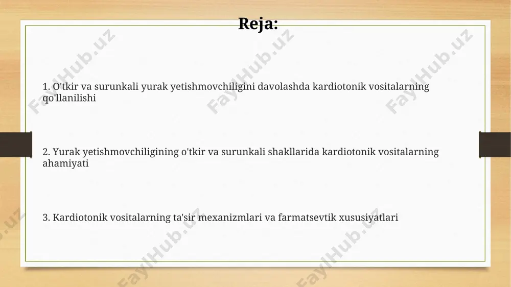 larning qo'llanilishi surunkali yurak yetishmovchiligida, ya'ni ejection fraksiyasi 40% dan past bo'lgan bemorlarda yurak funksiyasini yaxshilash va o'lim xavfini 30% ga kamaytirish uchun muhim hisoblanadi. beta-blokatorlarning bir qator yon ta'siri bor, jumladan bradikardiya (yurak urishining sekinlashishi) va gipertenziya (qon bosimining pasayishi), shuning uchun ularni ehtiyotkorlik bilan qo'llash kerak. arni inhibitörlari: mexanizmi va qo'llanilishi sacubitril/valsartan (birgalikda arni) kabi arni inhibitörlari yurak mushagining gipertrofiyasini kamaytiradi va yurak chiqishi hajmini taxminan 15-20% ga oshirishi mumkin. arni inhibitörlari angiotensin ii retseptorlari blokerlari (arb) va renin-angiotensin-aldosteon tizimini (raas) susaytiruvchi nep inhibitörlarini o'z ichiga oladi, bu esa yurak yetishmovchiligini davolashda samaradorligini oshiradi. arni ning qo'llanilishi surunkali yurak yetishmovchiligi bo'lgan chaqaloqlarda, bolalarda va kattalarda klinik tadqiqotlar bilan tasdiqlangan, va bu holatda o'lim xavfini 20% gacha kamaytirishi mumkin. kardiotonik vositalarning kontrendikatsiyalari gipertenziya bilan og'rigan bemorlarda, ayniqsa, diastolik bosimi 100 mm hg dan yuqori bo'lsa, kardiotonik vositalarni ehtiyotkorlik bilan qo'llash lozim, chunki ular qon bosimini yanada oshirishi mumkin. kardiotonik …