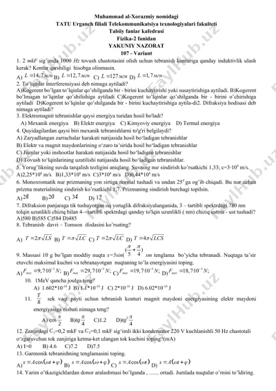 fizika-2 fanidan yakuniy nazorat (107-variant) — DOCX