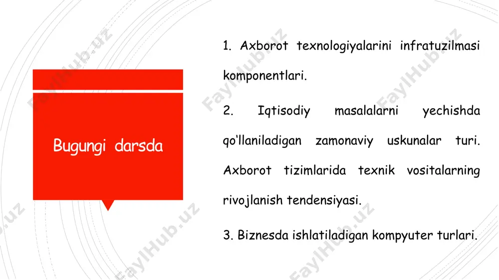 0 yillar boshlari) birinchi avlod ehmlari markaziy protsessorining yelementlar bazasi sifatida umumiy soni bir necha o‘n minglarga yetgan yelektron lampalardan foydalanilgan. ko‘plab ishlab chiqarilgan sovet davri mashinalaridan birinchi avlodga mansublari strella (1953 y.), ural (1954y.), m-20 (1959y.), minsk -1 (1960 y.), besm seriyali qator mashinalar kiradi. sekundiga 10000 amalni bajaradi. xotirasiga 2047 tagacha son sig‘adi. ikkinchi avlod mashinalari. (1960 yillar boshlari). yarim o‘tkazgichlarni ishlab chiqarish texnologiyasining takomillashishi integral sxemalar deb nom olgan mikroelektron qurilmalarining yaratilishiga olib keldi. uchinchi avlod mashinalari. (1960 yillar oxiri va 70 yillar boshlari). to‘rtinchi avlod mashinalari - bu hisoblash texnikasi rivojlanishida yangi qadamdir. to‘rtinchi avlod ehmlari katta integral sxemalardan qurilgan, ko‘p protsessorli mashinalardir. bu turdagi ehm larning tezligi sekundiga 10 million amaldan ortiqdir. to‘rtinchi avlod mashinalari. hozirgi yeng zamonaviy ibm pc tizimidagi kompyuterlar 5-avlod ehm hisoblanadi. ehm bu avlodi matiqiy masalalarni hal qila oladi. rasm va chizmalarni taniydi. matnlarni tarjima qila oladi. mul’timediya sistemasi yordamida musiqa …