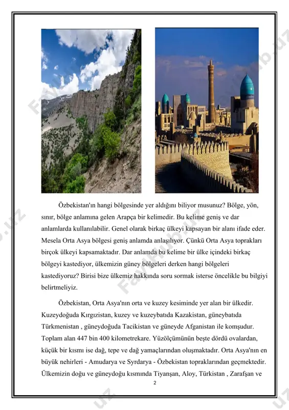 leri ve gölleri, kendine has çeşitli flora ve faunaya sahip dağları, müreffeh şehirleri ve köyleri, üretim işletmeleri, bilgi, kültür merkezleri, yollar, köprüler, binalar var. pamuk iki buçuk bin yıldan fazla bir süredir topraklarımızda yetiştirilmektedir. antik kitaplarda m.ö. 7-6. yüzyıllarda yani bu yılın başından önce semerkand, taşkent ve harezm vahalarında, ms 1. yüzyıldan itibaren ise fergana vadisi'nde pamuk yetiştirildiği yazıyor . ülkemiz bağımsızlığını kazandıktan sonra yer altı ve yerüstü kaynaklarının tamamına sahip olmuş ve bunları etkin bir şekilde kullanmaya başlamıştır. bu da ekonomik gücünün artmasına hizmet ediyor. kaşkadarya'daki kokdumalak kompresör istasyonu, shortangaz kimya kompleksi, buhara'daki petrol rafinerisi, karakalpakstan'daki oongirot soda fabrikası , dehkhanabad'daki potasyum gübre fabrikası, modern demir ve otomobil bağımsızlık yılları gibi düzinelerce büyük sanayi kuruluşu, bunlar halkımızın ve ülkemizin çıkarlarına hizmet etmek. nexia, damas, matiz, lasetti, takuma, epica, captiva, spark, suzuki otobüslerini biliyoruz. bunların bağımsızlıktan sonra asaka ve semerkant şehirlerinde çalışmaya başlayan otomobil fabrikalarında üretildiğini çok iyi biliyoruz. bunun …
