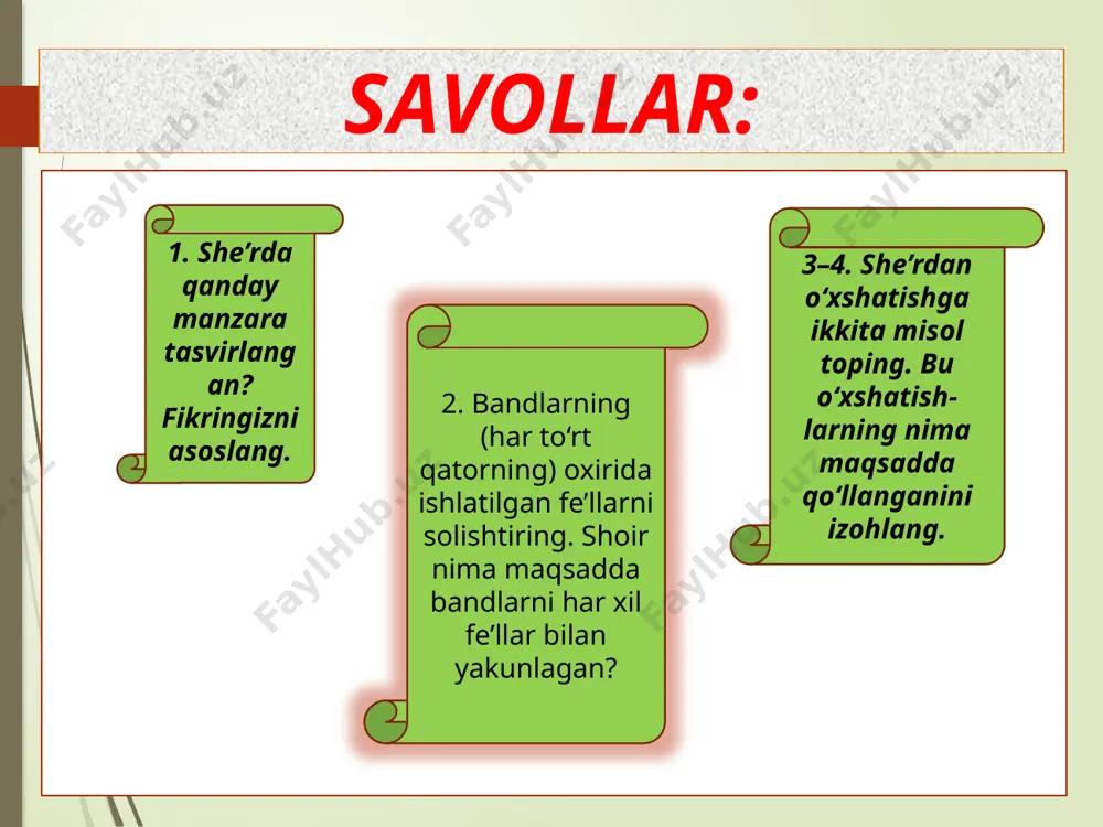 vonlarga ko‘chirish, ularni “jonli” qilib tasvirlash. misol uchun:pastak hovli chetida dilxun bir bola yig‘laydi – qo‘lida kitob. bahodirning qilichi sindi, bahodirning qilichi sindi. yovniki butun! qayga ketdi yaproqdek bola, bo‘ta kabi qayda bo‘zlaydi? uchib yurgan varaqlar, ana, shamollarga ertak so‘zlaydi. bola qani?.. bilmayman, ammo, ishonaman, qaylardadir u bahodirga qilich izlaydi... azim suyun ushbu parchada kitob varaqlari “jonlantirilgan”: ular inson kabi “shamollarga ertak so‘zlaydi”. lug‘at lirik qahramon – she’rda o‘ylari, his-tuyg‘ulari, kechinmalari tasvirlangan qahramon, she’rdagi “men” ortida turgan obraz. misol uchun: parchagina bulut, cheksiz osmon, adir ortidagi yolg‘izoyoq yo‘l. barcha tashvishlarni unutib, shodon, qaytgim kelayotir qoshingga butkul. abdulla oripov ushbu parchada lirik qahramon o‘ziga qadrdon joylarga qaytishni istamoqda. lug‘at metafora (yunoncha “ko‘chirish” so‘zidan) – badiiy tasvir vo- sitasi, bir narsani boshqa nom bilan atash. metafora ikki narsa yoki hodisa o‘rtasidagi o‘xshashlikka asoslanadi. misol uchun: bulutning orasidan quyosh kulib qaraydi. majnuntolning yuvilgan sochlarini taraydi. erkin vohidov ushbu parchada majnuntolning shoxlari “sochlar” deb …