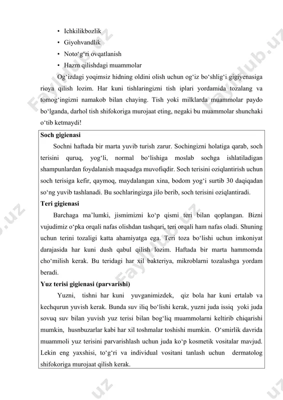 tuklar paydo bo‘lishi va juda kuchli ter ajralishi kuzatilishi va kuchli hidlanishi mumkin. juda yoqimsiz xid kelishi qo‘ltiq osti sohasida zamburug‘li mikroorganizlarning ko‘payishi oqibatida ham bo‘ladi. tanadan har xil badbo‘y hidlar kelmasligi uchun muntazam ravishda har kuni dush qabul qilish kerak (yozda kuniga ikki mahal) va undan so‘ng dezodarantdan foydalanish kerak. ter qo‘ltiq ostidagi tuklar orasida saqlanib qolish xususiyatiga ega, shuning uchun bir martalik ustara bilan yoki depilyatsiya orqali qo‘ltiq ostidagi tuklarni olib tashlash tavsiya etiladi. oyoqlar parvarishi nafaqat qo‘ltiq ostida balki oyoqlarda kuchli terlash kuzatilishi mumkin. shuning uchun oyoqlarda hid kelmasligi va zamburug‘ kasalliklari rivojlanmasligi uchun, muntazam ravishda har kuni oyoqlarni yuvish, paypoqlarni har kuni almashtirish va oyoq kiyimini tozaligi va quruqligiga e’tibor berish kerak. iloji boricha tabiiy teridan ishlab chiqarilgan oyoq kiyim kiyish lozim. o‘g‘il bolaning shaxsiy gigienasi organizmning jadal shakllanishi va gormonal o‘zgarishlar davrida o‘g‘il bolaning shaxsiy gigiyenasi dolzarb masalalardan biri bo‘lib qoladi. o‘zgarayotgan organizmning sog‘ligi haqida …