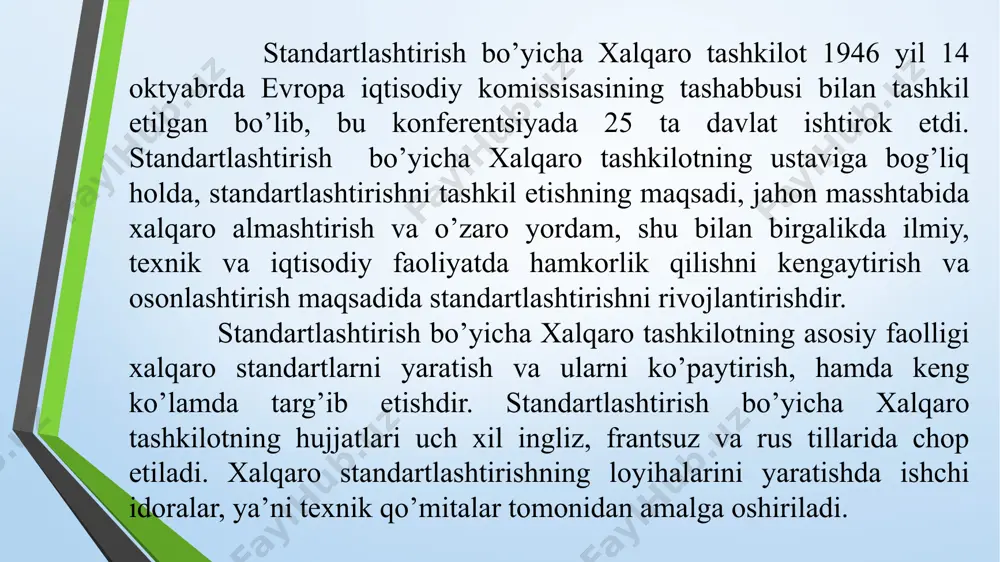 elektrotexnikadan istisno ravishda yangi biznes imkoniyatlarini ochib beradi. raqobatbardoshlikni oshiradi. korxonabrendinixalqaromiqyosdae’tirofetilishinita’minlaydi. kompaniya taraqqiyotiga sababchi bo’ladi. sanoatning aniq tarmog’i uchun umumiy til vazifasini o’taydi. iso 9000 seriyasidagi xalqaro standartlar. iso 9000 sifat boshqaruvi iso 14000 ekologik boshqaruv iso 3166 mamlakatlar kodi iso 26000 ijtimoiy ma’suliyatlilik iso 50001 energetika boshqaruvi iso 31000 tavakkalchilikni boshqarish iso 22000 oziq – ovqat mahsulotlari xavfsizligini boshqarish iso 27001 axborot xavfsizligi boshqaruvi 9. iso 45001 ish xavfsizligi va xavfsizligini boshqarish n a z o r a t s a v o l l a r i xalqaro standart nima? xalqaro standartlashtirish tashkilotlari qaysilar? xalqaro standartlashtirish tashkilotlarining asosiy maqsadi nimalardan iborat? iso xalqaro tashkiloti haqida nimalarni bilasiz? iso 9000 seriyasidagi standartlarni aytib bering. image2.png image3.jpeg image4.jpeg image5.jpeg