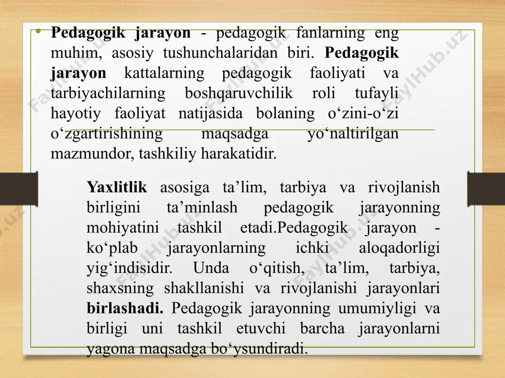 cha turdagi fikrlashni rivojlanishini hisobga olish, ketma-ketlik va tizimlilik; • ko‘rgazmalilik; • tushunarlilik; • sababiylik. umumiy didaktikaning predmeti dars o‘tish (o‘qituvchi faoliyati) va bilim olish (o‘quvchining o‘rganish faoliyati)ning o‘zaro bog‘liqligi va aloqadorligi hisoblanadi. didaktik tizim (yunoncha «systema» – yaxlit qismlardan tashkil topgan, birlashtirish) – ma’lum mezonlari asosida ta’lim jarayoning yaxlit holatini belgilash, ajratib ko‘rsatish demakdir. u ta’limning maqsadi, tamoyillari, mazmuni, shakli, metod va vositalarining birligi asosida tashkil etilgan tuzilmalarning ichki yaxlitligini ifodalaydi. tadqiqotchilar mavjud didaktik konsepsiya (tizim)larni umumlashtirib quyidagi guruhlarga ajratadilar: -an’anaviy; -progressiv; -zamonaviy. didaktika ta’lim jarayonining quyidagi uchta funksiyasini ajratib ko‘rsatadi: ta’lim berish, rivojlantirish va tarbiyalash. ta’lim berish funksiyasi ta’lim jarayonining o‘quvchilarda bilim, ko‘nikma va malakalarni shakllantirishdan iborat. ta’lim natijasi sifatida bilimlarining to‘laligi, chuqurligi, tizimliligi, anglanganligi, mustahkamligi va amaliy xususiyat kasb etishi muhimdir. bu kabi holatlar ta’lim jarayonining metodik jihatdan to‘g‘ri tashkil etilganligini ifodalaydi. ta’limning rivojlantiruvchi funksiyasi ta’lim jarayonida bilimlarni o‘zlashtirish jarayonida o‘quvchining rivojlanishi sodir bo‘lishini ko‘rsatadi. rivojlanish quyidagi …
