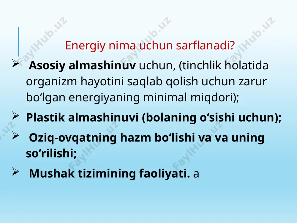 nsentratsiyasining ortishi kuzatiladi 12 siydik bilan ammiak azoti ammoniy tuzlari shaklida ko'proq chiqariladi. purin asoslarini almashinuvi yanada jadalroq. shuning uchun siydik kislotasi kattalarga qaraganda siydik bilan ko'p chiqariladi. yangi tug'ilgan chaqaloqlarda (ayniqsa erta tug'ilgan chaqaloqlarda) fenilalanin va tirozin metabolizmasida ishtirok etadigan fermentlarning funktsional etishmovchiligi aniqlandi, shuning uchun siydikda fenilalaninning yuqori darajasi mavjud. tug'ilishdan balog'at yoshgachaga kreatinuriya xarakterlidir. 13 xromoprotein almashinuvining xususiyatlari yangi tug'ilgan chaqaloqlarda kuzatiladi: 1) xomilaning qizil qon hujayralarining faol parchalanishi 2) hbfni hba ga faol o'zgartirish 3) jigar glyukuroniltransferaza aktivligi past 4) ko'proq bilirubin darajasi, asosan bilvosita (erkin) bilirubin (yangi tug'ilgan chaqaloqlarning fiziologik sariqligi) tufayli – 1,2,3 punktga qarang 14 hayotning birinchi yilida tabiiy oziqlantirishda yoki moslashtirilgan sut aralashmalari bilan oziqlantirilganda bolaning oqsiliga bo'lgan ehtiyoji kuniga 2,2-2,5 g / kg ; moslashtirilmagan sut mahsulotlari bilan oziqlantirilganda kuniga 2,5 — 3 g/kg; 1 yoshdan to 12-15 yoshgacha oqsilga ehtiyoj 3,5–4 g/kg dan oshmasligi kerak, oqsillarni parchalanishi oshqozon-ichak traktida amalga …