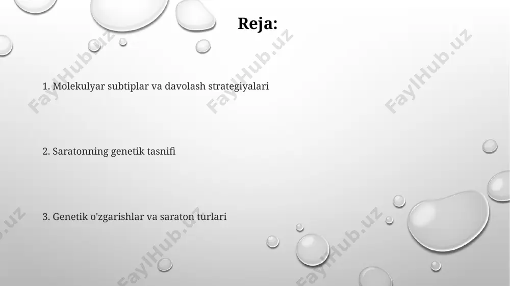 qishiga sabab bo'lgan 500 dan ortiq gen mutatsiyalarini aniqlashga asoslangan bo'lib, bu diagnostika va davolashni shaxsiylashtirishga yordam beradi. e'tiboringiz uchun rahmat @taqdimot_robot image1.png image2.png image3.png