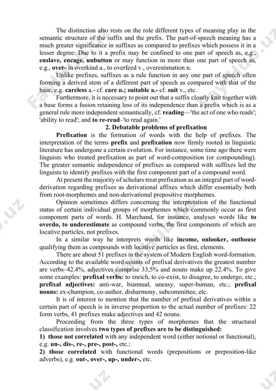 ted by the following cases: work-----to work; love — to love; paper — to paper; brief— to brief, etc. as a rule we deal with simple words , although there are a few exceptions, e.g. wireless — to wireless. it is fairly obvious that in the case of a noun and a verb not only are the so-called initial forms( i.e. the infinitive and the common case singular) phonetically identical, but all the other noun forms have their homonyms within the verb paradigm, cf.(my) work [wa:k]) —(1) work [ws:k]; (the) dog's [ dogz] (head) — ( many) dogs [ dogz] — - (he) dogs [ dogz], etc. characteristic of noun and adjective formation, while prefixation is mostly typical of verb formation. the distinction also rests on the role different types of meaning play in the semantic structure of the suffix and the prefix. the part-of-speech meaning has a much greater …
