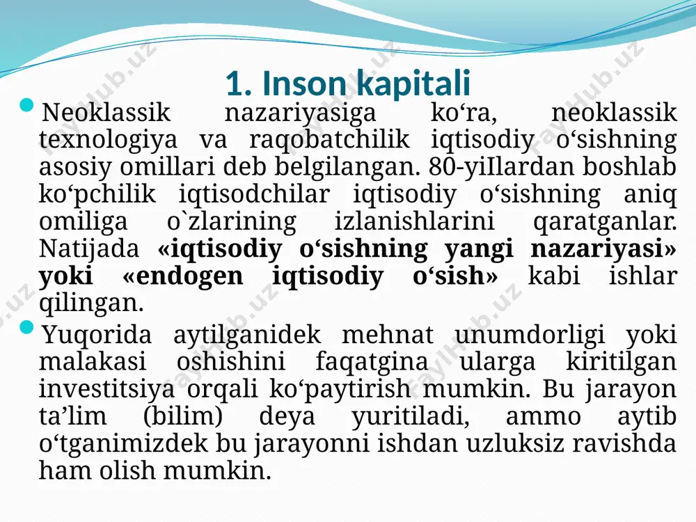 boyitish uchun mablag‘ sarflab, milliy daromadni ko‘paytirishi mumkin. ta’limga chiqimlar ham ta’lim olish uchun bevosita xarajatlar, ham muqobil chiqimlar - o‘qish davrida boy berilgan daromadlardir. uning hisoblab chiqishicha, ta’limga investitsiyalar yiliga taxminan 12,0 - 14,0 % miqdorida foyda keltiradi. mazkur tadqiqotlarning amaliy ahamiyati shundan iboratki, g. bekker inson kapitaliga investitsiyalar rentabelligining miqdorini aniqladi va uni aqsh dagi ko‘pgina flrmalarning rentabelligi bilan taqqosladi. xususiy ta’lim muassasalari sonining ko‘payishi, qisqa muddatli seminarlar va maxsus kurslar tashkil etadigan konsalting firmalari faoliyatining kengayishi natijasida ta’lim faoliyatining xususiy sektordagi rentabellik darajasi tijorat faoliyatining boshqa turlari rentabelligi darajasidan 10,0 - 15,0 % ortiq ekanligini ko‘rsatdi amerikalik iqtisodchi i. ben-poratning tasniflashiga ko‘ra, inson kapitali quyidagi tarkibiy qismlardan iborat: 1) inson kapitalini yaratishda ishtirok etayotgan odamlarning sifat xususiyatlari va qobiliyati; 2) bozorda taklif etilayotgan hamda boshqa ashyoviylar ishlab chiqarish va xizmat ko‘rsatishga kiritilgan kapital qismi s. fisher: “inson kapitali insonda mujassamlashgan daromad keltirish qobiliyati mezonidir. inson kapitali tug‘ma …