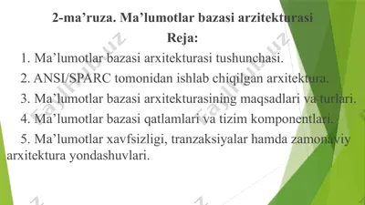 2-ma’ruza. ma’lumotlar bazasi arxitekturasi — PPTX