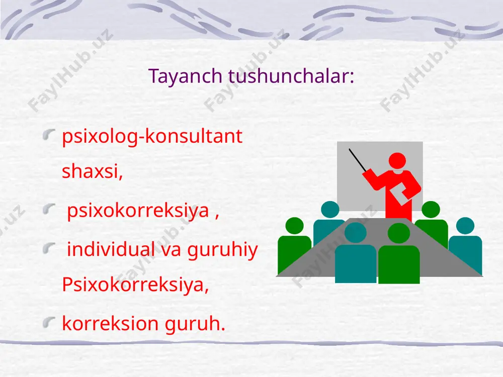 sfer, 2) katarsis, 3) xabardorlik, 4) haqiqatni tekshirish va 5) sublimatsiya. guruh sharoitidagi munosabatlar shakllarining ko'pligi va xilma-xilligi o'zaro yordamga, tajovuzkorlik darajasining pasayishiga va aybdorlik hissining kamayishiga olib keladi. 3. korreksion guruh turlari guruhiy ko‘nikmalar treningi - bunda qatnashuvchio‘zini odamlar orasida yaxshiroq tushunishlari va xulq-atvorini baholay olishlari shakllantiriladi. bunda qatnashchilar o‘zaro faoliyatning 3 ta bosqichini bosib o‘tadiiar: a) tasavvur; b) o‘zlashtirilgan bilimlarni tadbiq etish; v) guruhlarda shaxslararo ishonch va ochiq ko‘ngillik muhitini yaratish 3. korreksion guruh turlari лекции uchrashuv guruhlari- insonlarning o‘z ijtimoiy tajribalari bilan mustaqil shug‘ullana olishlariga yordam beradi. bunday guruhlarda maxsus usullar yordamida shaxslararo ishonch, fikrlar va hissiyotlarni erkin ifodalash muhiti keltirib chiqariladi лекции geshtalt guruh treningi. bunda ishtirokchilar, avvalo, o‘z hissiyotlarini anglab va tahlil qilishni ohganadilar. bu guruhlarda qatnashchilar shaxslararo munosabatlardagi muammoli vaziyatlarda qanday pozitsiyada ekanliklarini tushunishlariga yordam beriladi. 3. korreksion guruh turlari 3. korreksion guruh turlari psixodrama guruhi. bunda mijozga ta’sir ko‘rsatadigan hayotiy haqiqiy spektakllar yoki …