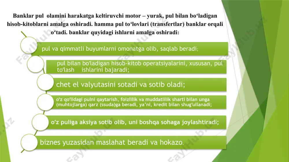 enziyalash hamda tartibga solish, banklar, kredit uyushmalari, garovxonalarni nazorat qilish, qimmatbaho qogʻozlar blankalari ishlab chiqarishni litsenziyalash; oʻzbekiston respublikasining rasmiy oltin valyuta rezervlarini, shu jumladan kelishuv boʻyicha hukumat rezervlarini saqlash va tasarruf etish; markaziy bank banklar faoliyatini nazorat qilishda oʻzining mintaqaviy boʻlinmalari orqali kredit muassasalaridan majburiy ravishda axborot, oylik hisobot va yillik yakuniy balans ma’lumotlarini taqdim etish asosida qatnashadi. kredit muassasalarining boʻysunishiga qarab bank qonunchiligi hamda kredit tizimining pastdan yuqoriga tomon tarkibiy tuzilishiga muvofiq tarzda bank tizimini ikki asosiy: bir bosqichli va ikki bosqichli turga ajratish mumkin. bir bosqichli bank tizimi doirasida barcha kredit muassasalari, jumladan, markaziy bank ham, yagona bosqichda turadi hamda mijozlarga kredit - hisob xizmati koʻrsatishda bir xil vazifalarni bajaradi. ikki bosqichli tizimda banklar oʻrtasidagi oʻzaro munosabatlar boʻyiga (vertikal) va eniga (gorizontal) yoʻnalishlarida tuzilishiga asoslanadi. vertikal – rahbarlik qiluvchi, boshqaruvchi markaz hisoblangan markaziy bank bilan quyi boʻgʻinlar – tijorat va ixtisoslashgan banklar oʻrtasidagi boʻysunish munosabatlari, gorizontal-turli quyi boʻgʻinlar …