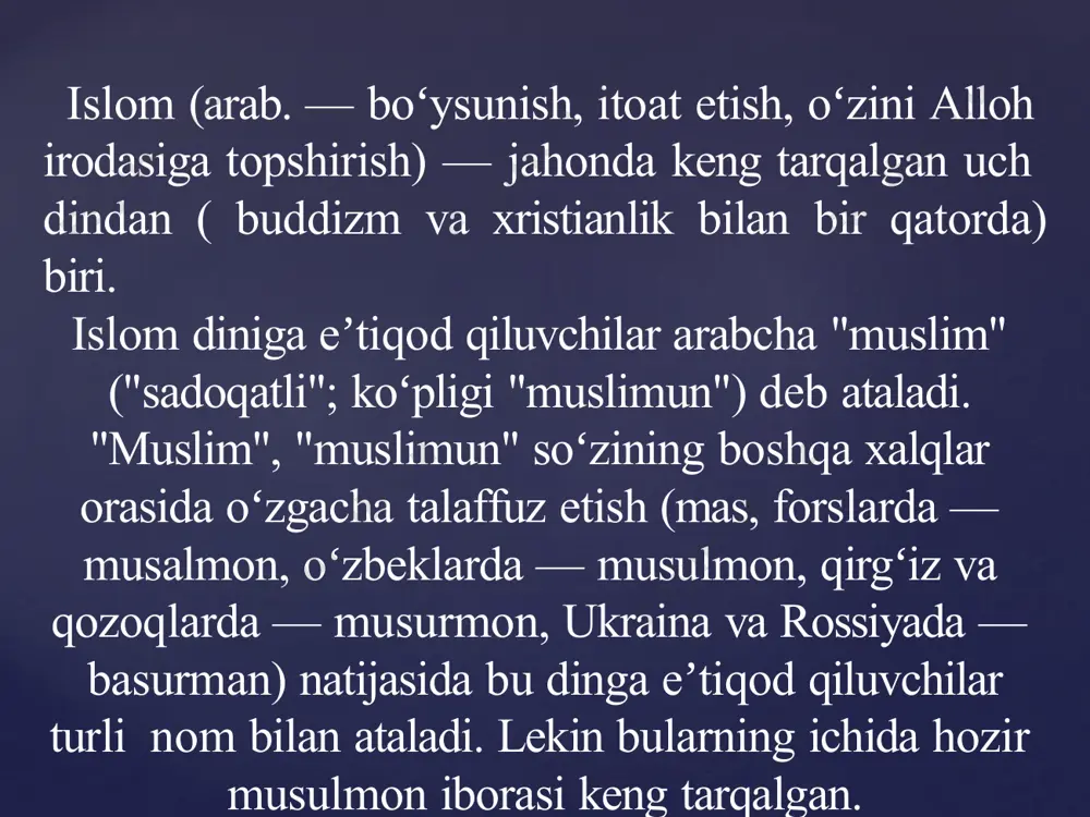 ilgan ( baqara surasi) vii asrda hijoz (gʻarbiy arabiston) da paydo boʻldi. uning asoschisi muhammad (s a v)dir. islom dinining paydo boʻlishi xususida islom manbalariga asoslangan diniy anʼanada u ilohiy hodisa, insonlarni toʻgʻri yoʻlga solish uchun alloh tomonidan yuborilgan oxirgi taʼlimot deb uqtiriladi. islom talqinida dastlab yahudiy va xristianlar ham aynan musulmonlar eʼtiqod qilgan xudoga ishonganlar. shu xudo, yaʼni alloh odamlarga paygʻambar-elchilar yuborgan ammo insonlar paygʻambarlar taʼlimotini buzganlar. shuning uchun alloh insonlarga oxirgi rasul etib muhammad (s a v)ni tanladi, unga oʻzining kalomi — qurʼon nozil qildi. muhammad (sav) oldin oʻz ham shaharlarini, soʻng barcha arablarni koʻplab qabila xudolariga sigʻinishdan voz kechish va yagona xudo — allohga eʼtiqod qilish, solih hayot kechirish, u dunyoda jannatga tushish uchun bu dunyoda ezgu ishlar qilishga daʼvat etdi. qurʼonga koʻra, arablar va yahudiylarning umumiy bobokaloni ibrohim. (a s) allohga birinchi boʻlib imon keltirgan. islom dini imkoniyat topilsa haj qilish kalima keltirish namoz oʻqish roʻza …