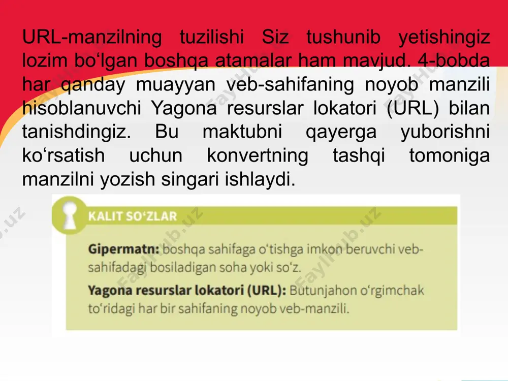uborilgan keraksiz xatlardir. ● veb-saytdagi axborotni ishonchli deb topishdan avval, kontentni baholash muhim ahamiyat kasb etadi. ● tarmoqdagi axloq – bu boshqa internet foydalanuvchisiga nisbatan xushmuomala boʻlishning ahamiyatidir. image1.jpeg image4.png image5.png image6.png image7.png image8.png image9.png image10.png image11.png image12.png image13.png image14.png image15.png image16.png image2.jpeg image3.png /docprops/thumbnail.jpeg