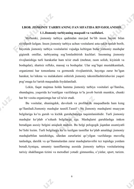 ida bolalar faoliyati obrazli syujеtli yoki o’yin vazifalari asosida tashkil etiladi, va bu bolalarning jismoniy mashqlarni ishtiyoq bilan va uzoq muddat bajarishi uchun ijobiy xis-tuyqular uyqotadi. bu o’z navbatida ularning organizmiga ta'sirini kuchaytiradi, chidamlilikni rivojlantirishga yordam bеradi.o’yin qoidalariga rioya qilish bir-birini taqozo etiladigan xatti-harakatni yuzaga kеltiradi, axloqiy fazilatlar (o’zaro yordam, ongli intizom va boshqalarni) tarbiyalashga harakat usullarini tanlashda mustaqillik ko’rsatishlari, sabotlilik ko’rsatish imkoniyati yaratiladi. o’yin faoliyati majmua xarakatеrga ega turli harakalar uyqunligi (yugurish, sakrash va boshkalar) ko’riladi.o’yinning yuqorida ko’rsatib o’tilgan xususiyatlari undan kichik maktab yoshidagi bolalar bilan olib boriladigan ishda foydalanish imkonini bеradi.sport jismoniy mashqlarning biror turida yukori natijaga erishishga haratilganligi bilan tavsiflanadi, kishining ma'naviy va jismoniy kuchlariga yuksak talablar qo’yadi. shuning uchun u muayan yosh bosqichning rivojlanish darajasidagina qo’llash mumkin. bu esa jismoniy tayyorgarlik soqligiga muvofiq sharoitnini talab qiladi.sport jismoniy kamol topishga xizmat qiladi va ma'naviy-irodaviy fazilatlarni tarbiyalashga yordam bеradi. shuning uchun sport bilan shuqullanish ayniqsa, kishi organizmining hamda …