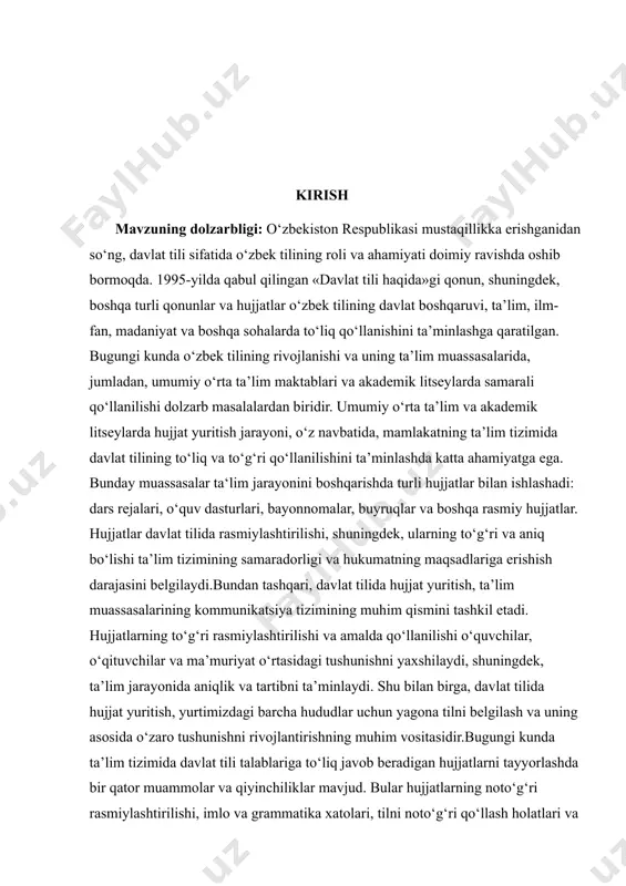 ‘g‘ri va samarali rasmiylashtirish jarayonini o‘rganish, shuningdek, ta’lim muassasalarida davlat tilining qo‘llanishini takomillashtirishga oid tavsiyalar ishlab chiqishdan iborat. kurs ishining vazifasi: - umumiy o‘rta ta’lim va akademik litseylarda davlat tilida hujjat yuritishning nazariy asoslarini o‘rganish. - davlat tilida hujjatlarni rasmiylashtirishda yuzaga keladigan muammolarni tahlil qilish. - ta’lim muassasalarida davlat tilida hujjat yuritishning samaradorligini oshirishga doir amaliy tavsiyalar ishlab chiqish. -hujjatlarni davlat tilida rasmiylashtirishda axborot texnologiyalaridan foydalanishning o‘rni va imkoniyatlarini o‘rganish. -o'zbekistonning ta’lim tizimida davlat tilida hujjat yuritish tajribasini tahlil qilish va uning takomillashtiris yo‘llarini aniqlashtirish kurs ishining tuzilishi: kirish qism, ikki bob, besh paragrapf, xulosa va foydalanilgan adabiyotlar ro‘yxatidan iborat. i.bob. davlat tilida hujjat yuritishning nazariy asoslari 1.1.davlat tili tushunchasi va uning qonunchilikdagi o‘rni. davlat tili — bu davlatda rasmiy ish yuritish, qonunlar chiqarish, sud-huquqiy, ma’muriy, ta’lim tizimi, ilmiy va madaniy faoliyatlarida asosiy til sifatida foydalaniladigan til. davlat tili mamlakatning huquqiy va ijtimoiy tizimini tartibga soluvchi, davlatning barcha idoralari va …