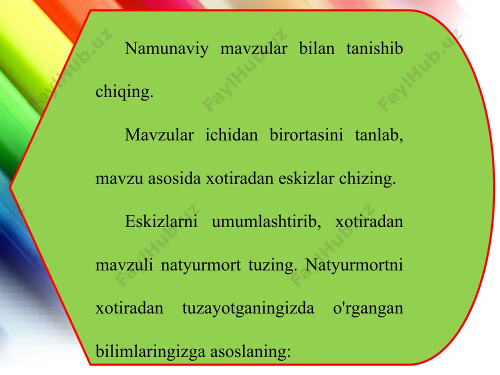 yalgan ishlar tanlab, ajratiladi. suratning yon tomonlariga eni 1 sm hoshiya chizib olinadi. saralab ajratilgan ishlarning har birini to'rt chekkasiga eni 2 sm oq qog'ozdan hoshiya yelimlanadi. hoshiyasi yelimlangan suratning hajmi kattaroq ko'rinadi, shuningdek, estetik jihatdan rasmni chiroyli ko'rsatadi. stend suratlarni joylashtirishda surat ranglariga e'tibor beriladi. och rangda ishlangan rasm ko'rgazma stendining yuqori qismiga, to'q rang gammasida ishlangan suratlar stendning pastki qismiga joylashtiriladi. har bir chizilgan suratning pastki o'ng burchagiga surat mavzusi va o'quvchining ism-familiyasi yozib qo'yiladi. o'qituvchi yozuv taxtasiga stendning xomaki eskizini chizadi. sarlavha yozib o'quvchilar tayyorlagan ishlarni yig'ib, skotch bilan yozuv taxtasida stendning eskizini hosil qiladi. o'quvchilar ko'rgazma stendini tomosha qilib, o'z tengdoshlari ijodi bilan tanishadilar. olingan taassurotlar esa o'quvchilarni yangi ijodiy izlanishga yo'naltiradi. qadrli o'quvchilar, siz 6-sinfda tasviriy san'atdan san'atshunoslik asoslari, naturaga qarab tasvirlash, kompozitsion faoliyat yo'nalishlari bo'yicha juda ko'p mavzularni o'rganib, o'zlashtirib oldingiz. choraklarning asosiy mavzularidan bo'lgan i chorakda "o'rta asrlar san'ati", ii chorakda "sharq miniatyura …