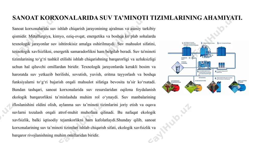 uv ta’minoti tizimi yuqori darajada boshqaruv imkonini beradi. – ko‘pincha suv resurslari cheklangan yoki markazlashtirilgan tizimga ulanish imkoniyati yo‘q bo‘lgan hududlarda qo‘llaniladi. 3. aylanma (qayta ishlovchi) tizimlar: – suv bir marta ishlatilgandan keyin tozalanadi va yana ishlab chiqarish jarayoniga qaytariladi – suv sarfini sezilarli darajada kamaytiradi va ekologik jihatdan qulay hisoblanadi. – ilg‘or texnologiyalar asosida ishlaydigan zamonaviy korxonalarda keng qo‘llaniladi. aylanma suv ta’minoti tizimlari aylanma suv ta'minoti tizimlari sanoatda suvdan takroran foydalanish imkonini beradi. bu tizimlar ishlab chiqarish xarajatlarini kamaytirish, ekologik barqarorlikni ta'minlash va resurslardan oqilona foydalanishda muhim rol o‘ynaydi. suv bir martalik emas, balki tozalanib qayta ishlatiladi, bu esa umumiy suv iste’molini sezilarli darajada kamaytiradi. bunday tizimlar tabiiy suv resurslariga bo‘lgan bosimni pasaytiradi, chiqindilar miqdorini kamaytiradi va energiya sarfini optimallashtiradi. biroq, aylanma tizimlar texnik xizmat ko‘rsatish va nazoratni talab qiladi. suv tarkibidagi tuz va boshqa moddalar quvurlarda to‘planib, uskunalarda korroziya va ishlash samaradorligining pasayishiga olib keladi. suvda biologik o‘simtalar …