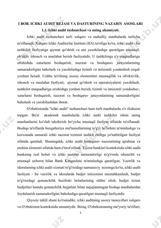 il axborot bilan bank kengashini ta'minlashga qaratilgan. vazirlik va idoralarning ichki audit xizmati to'g'risidagi namunaviy nizomga ko'ra, ichki audit faoliyati - bu vazirlik va idoralarda budjet intizomini mustahkamlash, budjet to'g'risidagi qonunchilik buzilishi holatlarining oldini olish, budjet tizimi budjetlari hamda qonunchilik hujjatlari bilan taqiqlanmagan boshqa manbalardan foydalanish samaradorligini baholashga qaratilgan mustaqil faoliyatdir. qiyosiy tahlil shuni ko'rsatadiki, ichki auditning asosiy tamoyillari xalqaro va o'zbekiston kontekstida umumiydir. biroq, o'zbekistonning me'yoriy ta'riflari, ayniqsa davlat sektoriga oid bo'lganlari, budjet nazorati va moliyaviy qoidalarga rioya qilishga kuchliroq e'tibor qaratadi. mahalliy akademik ta'riflar xalqaro tushunchalarni aks ettirgan holda, o'zbekiston biznes muhitiga xos bo'lgan mulkdorlar manfaatlarini himoya qilish kabi jihatlarni ham ta'kidlaydi. bu o'zbekiston iqtisodiyotining o'ziga xos xususiyatlari va davlatning moliyaviy nazoratga bo'lgan ustuvorligini aks ettiradi. 1-jadval manba ta'rif asosiy elementlar iia tashkilot faoliyatiga qiymat qo'shish va uni yaxshilashga qaratilgan mustaqil, ob'ektiv ishonch va maslahat berish faoliyati. mustaqillik, ob'ektivlik, ishonch va maslahat, qiymat qo'shish, operatsiyalarni yaxshilash, tizimli yondashuv, …