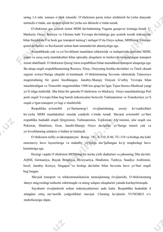 iy gaz, volfram, kaliy tuzi, fosforitlar, kaolinlarning aniqlangan zahiralari va istiqbolli loyihalari bo‘yicha o‘zbekiston nafaqat mdhda, balki dunyo miqyosida ham yetakchi o‘rinlarni egallaydi. o‘zbekiston kazib olinadigan oltinning umumiy xajmi bo‘yicha dunyoda sakkizinchi o‘rinni, uni aholi jon boshiga ishlab chikarish bo‘yicha esa beshinchi o‘rinni egallaydi; respublika 30 ga yaqin oltin konlar aniqlangan. muruntog‘dagi oltin konlarini (miqdori va sifati bo‘yicha) kolondayk (aqsh), vitvatersrand (jar), kolar (hindiston) singari jahondagi eng yirik konlar bilan bir qatorga qo‘yish mumkin. mustaqillik sharofati tufayli, oltin zahiralarini o‘zi tasarruf etish imkoniyatiga ega bo‘lgan o‘zbekiston, jahon oltin bozorida ham teng huquqli hamkor bo‘la olishi mumkin. butun markaziy osiyo mintaqasi bo‘yicha gaz kondensati zahiralarining 74 %, neftning 31 %, tabiiy gazning 40 %, ko‘mirning 55 %i o‘zbekiston hissasiga tog‘ri keladi. tabiiy gaz qazib olish bo‘yicha respublika mdh mamlakatlari ichida uchinchi o‘rinda va dunyodagi bu sohaning kuchli yetakchi 10 mamlakatlari qatorida turadi. o‘zbekiston markaziy osiyoda va mdh doirasida paxta etishtiruvchi asosiy …