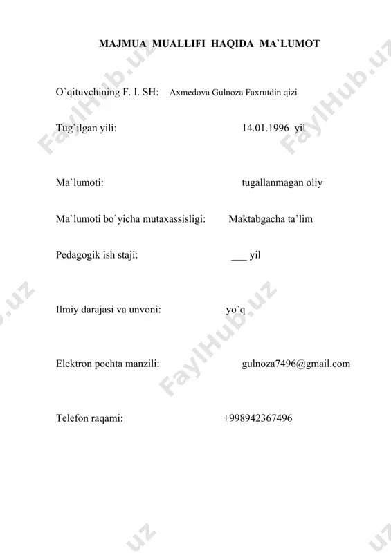yuziv guruhlarga ega maktabgacha taʼlim tashkiloti yordamchi tarbiyachisi 3. ko`p tarmoqli ixtisoslashtirilgan maktabgacha taʼlim tashkiloti yordamchi tarbiyachisi 4. qo`shma turdagi maktabgacha taʼlim tashkiloti yordamchi tarbiyachisi maktabgacha taʼlim tashkiloti yordamchi tarbiyachisi o’quv rejadagi tartib raqami: 1.03 ajratilgan soat: 40 toshkent- 2020 o’zbekiston respublikasi maktabgacha ta’lim vazirligi, maktabgacha ta’lim bosh boshqarmasi tasarrufidagi toshkent pedagogika kollejining “maktabgacha ta’lim” kasbi bo’yicha pedagogik kengashining 2020 yil “26” oktiyabrdagi 2-sonli majlis bayoni bilan ma’qullangan hamda toshkent pedagogika kollejining 2020 yil 27 oktiyabrdagi 110 - sonli buyrug’i bilan tasdiqlangan. tuzuvchilar: 1. g.axmedova – xonqa tuman pedagogika kolleji o`qituvchisi. taqrizchi: k.karimov - xonqa tuman pedagogika kolleji o‘quv tarbiyaviy ishlari bo‘yicha direktor o‘rinbosari 1. umumiy talablari dastur nomi kasbiy faoliyatda hayot faoliyati xavfsizligi ajratilgan soat 40 mavzular soni 20 dasturning maqsadi kasbiy faoliyatda hayot faoliyati xavfsizligi haqida tushunchalarni, hayot faoliyati xavfsizligi faning maqsad va vazifalarini, hayot faoliyatiga ta`sir etuvchi havflar va ularni oldini olish yo`llarini bilish; hayot faoliyati xavfsizligining …