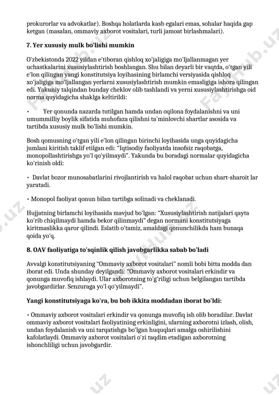 i: • fuqarolar o'z ijtimoiy faolliklarini o'zbekiston respublikasi qonunlariga muvofiq mitinglar, yig'ilishlar va namoyishlar shaklida amalga oshirish huquqiga ega. hokimiyat organlari faqat xavfsizlik nuqtai nazaridangina bunday tadbirlar o'tkazilishini to'xtatish yoki taqiqlash huquqiga ega. 6. o'qituvchilar alohida e'tirofda •konstitutsiyaga o'qituvchilar haqida modda qo'shildi. u ikki banddan iborat: • o'zbekiston respublikasida o'qituvchining mehnati jamiyat va davlatni rivojlantirish, sog'lom, barkamol avlodni shakllantirish hamda tarbiyalash, xalqning ma'naviy va madaniy salohiyatini saqlash hamda boyitishning asosi sifatida e'tirof etiladi. • davlat o'qituvchilarning sha'ni va qadr-qimmatini himoya qilish, ularning ijtimoiy va moddiy farovonligi, kasbiy jihatdan o'sishi to'g'risida g'amxo'rlik qiladi. shu tariqa, ustozlar huquq sohasi vakili bo'lmagan, lekin oliy qonunda alohida tilga olingan yagona kasb egalariga aylandi. konstitutsiyada nomi keltirilgan o'qituvchilardan boshqa kasb egalarining barchasi – huquq sohasi vakillari (sudyalar, prokurorlar va advokatlar). boshqa holatlarda kasb egalari emas, sohalar haqida gap ketgan (masalan, ommaviy axborot vositalari, turli jamoat birlashmalari). 7. yer xususiy mulk bo'lishi mumkin o'zbekistonda 2022 yildan …