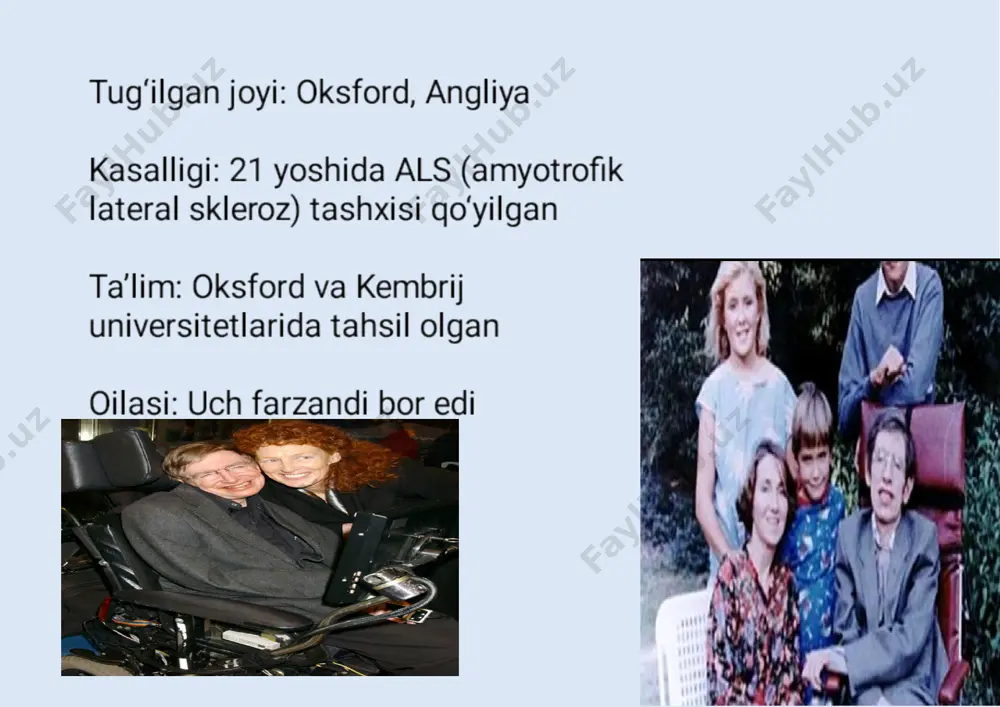 nubiy afrika sog‘ligi: tug‘ma oyoq panjasi yetishmovchiligi; 11 oyligida ikkala oyog‘i kesilgan ta’lim: pretoria universitetida tahsil olgan slayd 2: sportdagi faoliyati paralimpiya: 2004, 2008, 2012 yillarda ishtirok etgan olimpiya: 2012-yilda sog‘lom sportchilar bilan birga ishtirok etgan birinchi nogiron sportchi mojaroli voqea: 2013-yilda sevgilisi reeva steenkampni o‘ldirib, 13 yillik qamoq jazosiga hukm qilingan; 2024-yilda shartli ravishda ozodlikka chiqqan
