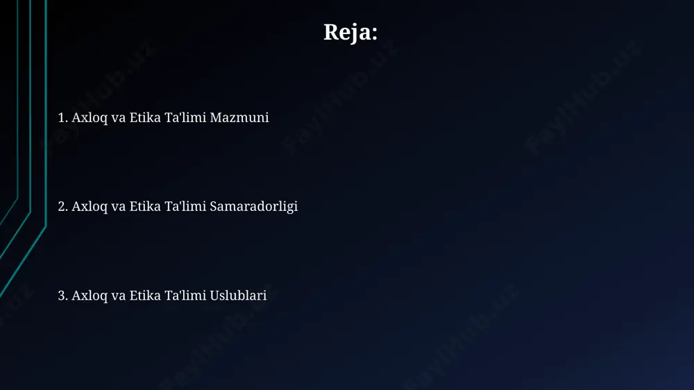 borat bo'lib, samarali jamoaviy ishlashga 70% gacha ta'sir ko'rsatadi. noto'g'ri muloqot, masalan, verbal bo'lmagan signallarni noto'g'ri talqin qilish, munosabatlardagi ziddiyatlarning 40% ga sabab bo'ladi va konfliktlarni bartaraf etish qobiliyatini pasaytiradi. kritik fikrlash va tahlil qilish axloqiy qarorlarni qabul qilishda 7 ta asosiy omilni (masalan, adolat, javobgarlik, hurmat) hisobga olish, tahliliy va mantiqiy fikrlashni rivojlantirishga yordam beradi. muhim ahamiyatga ega boʻlgan 3 ta axloqiy dilemma misolini tahlil qilish orqali talabalar oʻzlarining fikrlash va mulohaza yuritish qobiliyatlarini 20% ga oshirishlari mumkin. axloq va etika ta'limi tushunchasi ta'limning samaradorligini oshirish uchun axloq va etika ta'limining 2 ta asosiy usuli – muhokamada ishtirok etish va amaliy mashg'ulotlar qo'llaniladi. o'quv jarayonida kamida 10 ta turli axloqiy dilemmani o'rganish orqali talabalarning tanqidiy fikrlash va muammo yechish ko'nikmalarini rivojlantirishga e'tibor qaratiladi. mas'uliyat va javobgarlik shaxsiy mas'uliyat hissi 7 yoshdan 12 yoshgacha bo'lgan bolalarda rivojlanadi va bu davrda ularning qarorlarini qabul qilish va ularning oqibatlarini tushunish qobiliyati shakllanadi, …