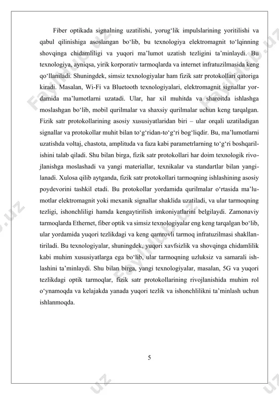 k qatlamda ko'plab imkoniyatlarni taqdim etadi va bu texnologiya yuqori tezlikdagi ma’lumot uzatish uchun keng qo'llaniladi. ethernetda, ma’lumotlar fizik qatlamda bitlar shaklida uzatiladi va signal darajasi, voltaj, chastota va vaqt bilan bog’liq parametrlar muhim ahamiyatga ega. shuningdek, usb (universal serial bus), dsl (digital subscriber line) va bluetooth kabi texnologiyalar ham fizik qatlam protokollari doirasida joylashadi va ular turli muhitda ma’lumot uzatish uchun moslashtirilgan. fizik qatlamning asosiy maqsadi, ma’lumotlarning uzatishda uzilishsiz va xavfsiz bo’lishini ta’minlashdir. bu qatlamda signalni kuchaytirish, shovqinlarni kamaytirish va uzatish jarayonini boshqarish uchun turli texnikalar qo’llaniladi. iii. fizik satr protokollarining nazariy va amaliy o'zaro ta'siri. fizik satr protokollari osi modelida eng asosiy va eng oddiy qatlam bo‘lib, u shaxsiy kompyuterlar, tarmoqlar va ma’lumotlar almashinuvi uchun fizikal muhitni tashkil etadi. bu qatlam, odatda, 1-sath sifatida ham tanilgan bo‘lib, u ma’lumotlarni elektr, optik yoki mexanik signal shaklida uzatish uchun javobgardir. fizik satr protokollari, asosan, ma’lumotlarni fizik muhitda qanday uzatishni, signal …