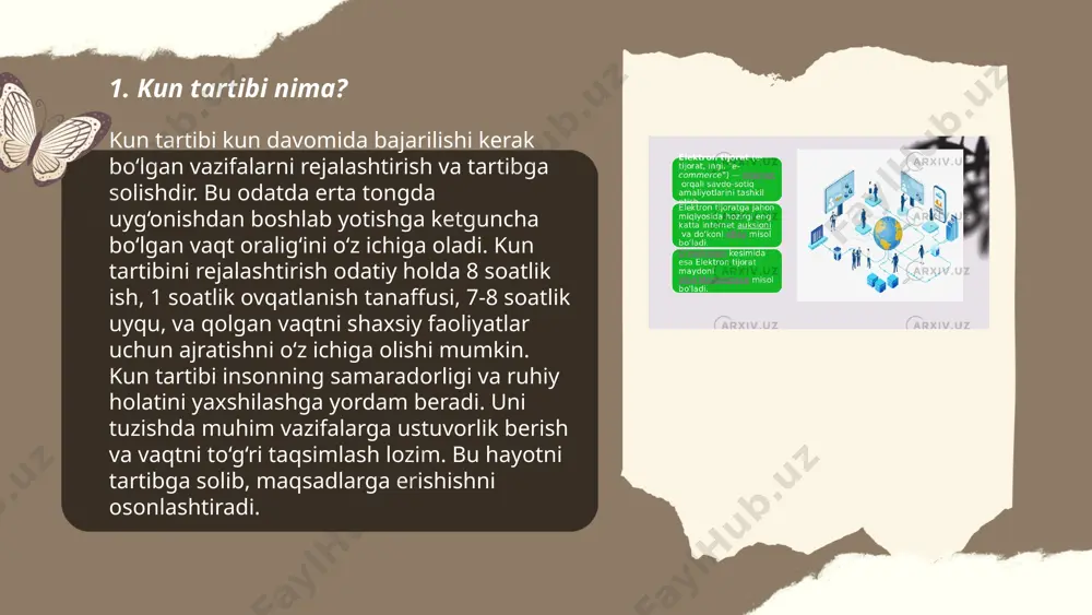 oki bir xil turdagi vazifalarni guruhlab, ularni birdaniga bajarish vaqtingizni tejaydi. 4. **pomodoro texnikasi:** 25 daqiqa ishlang, so'ng 5 daqiqa dam oling. bu usul kontsentratsiyani saqlab qolishga yordam beradi. 5. **ko'p vazifani bir vaqtda qilmaslik:** bir vaqtning o'zida bir necha ishni qilishdan ko'ra, bir ishga to'liq e'tibor berish samaradorlikni oshiradi. 6. **vaqtni nazorat qilish ilovalari:** toggl, rescuetime kabi ilovalar orqali vaqtingizni kuzatib, qayerda ko'proq vaqt yo'qotiyotganingizni bilib oling. ... t.me/slaydai_bot 7. shaxsiy rivojlanish uchun vaqt ajratish. shaxsiy rivojlanish uchun vaqt ajratish inson hayotida muhim ahamiyatga ega. har kuni kamida 30 daqiqa davomida o‘z-o‘zini rivojlantirishga e’tibor qaratish tavsiya etiladi. turli tadqiqotlarga ko‘ra, o‘rtacha shaxs o‘z o‘zini rivojlantirish uchun haftasiga 2-4 soat ajratadi. har yili shaxsiy rivojlanishga 50 soat sarflangan taqdirda, umumiy bilim va ko‘nikmalar darajasida sezilarli o‘sish kuzatilishi mumkin. rivojlanish uchun vaqt ajratish stressni kamaytiradi, produktivlikni oshiradi va yangi imkoniyatlarni ochadi. hozirgi kunda shaxsiy rivojlanish bo‘yicha kitoblar, onlayn kurslar va treninglar …
