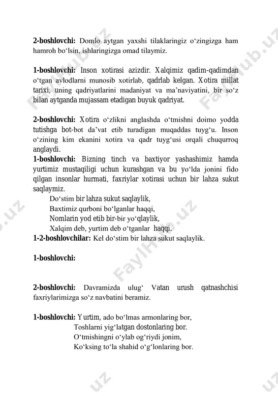 ysa, bir-biriga dil bilan suxanlik qilganlar. vatanni aslida vatan qilganlar, yovning yaxshisi yo‘q degan ham ular, zog‘ning yaxshisi yo‘q degan ham ular, millatning ko‘ksida bo‘y chozgan chinor, har dilda ko‘klamdek ko‘karib kelar. vatanni aslida vatan qilganlar, maqtov malham bo‘lmas, bil qurbonlarga, oyatda orom bor shahid jonlarga. qo‘laring duoga katta och elim, shukrona joizdir erkli onlarga vatanni aslida vatan qilganlar, erk uchun jonlarin gulxan qilganlar, 1-boshlovchi: odobnoma kurs itinglovchisi hamidova oybibi tomonidan raqs. 2-boshlovchi: 41-yil iyun ayni sahar chog‘ida tun uyqusi kezardi, o‘lkaning har yog‘ida. shunda fashist qujzg‘ular, hujum boshladi birdan, olov, bomba yog‘ildi, yurtga ko‘kdan va yerdan. 1-boshlovchi: shunda bizning armiya turdi darhol oyoqqa vatan uchun olg‘a deb, tez yo‘l oldi g‘arb yoqqa. 1-boshlovchi: o‘sha mash’um va iztirobli yillarda fashistlar tomonidan boshlangan urush front oldi va orqasida o‘z ta’sirini birday ko‘rsatib borardi. 2-boshlovchi: urush hech bir xonadonni chetlab o‘tmadi. kimningdir sevikli yori, kimningdir singlisi, kimningdir otasi, akasi halok bo‘lgan. 1-boshlovchi: …