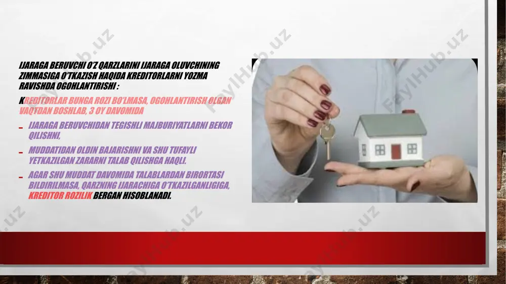 i: shartnomani o’zgartirish va bekor qilish to’g’risidagi shartnoma bo’yicha olingan narsani bir tarafdan yoki har ikkala tarafdan qaytarib olish yoki asli holida qaytrib olish qonunchilik talablariga to’g’ri kelmaydigan bitim huquq tartibot ahloq asoslariga atayin qarshi maqsadlarda tuzilgan bitim o’z o’zidan haqiqiy emas (fk 116-m) zid kelmasa yuqoridagi qoidalar qo’llanilishi mumkin. korxonani ijaraga berish shartnomasi bekor bo’lganida ijaraga olingan mulkiy kompleks ushbu kodeksning 579 va 581-moddalarnazarda tutilgan qoidalar tatbiq etiladi. unga ko’ra topshirish dalolatnomasiga asosan amalga oshirilishi mumkin. konsessiya shartnomasi rus nutqida foydalanish uchun 18 asr oxirida fransus va nemis tillaridan olingan. iqtisodiy nuqtayi nazaridan bu so’z: davlat organlari tomonidan yer uchastkalari yoki korxonalarini xorijiy investorlarga foydalanishga topshirilishini huquqiy mazmunda esa ijara shartnomasi muayyan topshiriq bo’yicha shartnomaning alohida bo’lagi tuzilganligini tasdiqlovchi hujjatni anglatadi ushbu shartnoma turi rossiya fuqarolik kodeksining aynan (federal qonun) 115-fz sonli moddasida bayon etilgan. dastlab ushbu shartnoma sssrning 1921-yildagi iqtisodiy siyosatni amalga oshirish jarayonida kata ahamiyatga ega bo’lgan …