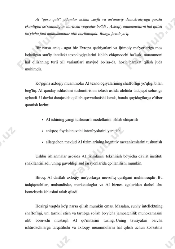ni tuzing. uning tavsiyalari barcha ishtirokchilarga tarqatilishi va axloqiy muammolarni hal qilish uchun ko'rsatma bo'lishi kerak. shunday qilib, sun'iy intellektni rivojlantirish standarti asta-sekin shakllanadi. axloqiy kelajakni shakllantirish uchun muhandislik maktablari kurslari va universitet it dasturlariga tegishli o'quv bloklarini qo'shish kerak. endi ular yo'q. buni tezda amalga oshirish kerak, chunki kelajakdagi bitiruvchilar duch keladigan axloqiy muammolarning ko'lami va murakkabligi faqat o'sib boradi. shuning uchun bizga ularni aniqlay oladigan tizim kerak. barcha savollar o'z vaqtida shakllantirilishi va javob berilishi kerak. ai qo'mitasi ai instituti ko'magida buni engadimi yoki yo'qmi, buni vaqt ko'rsatadi. sun'iy intellekt ma'lum populyatsiyalarga nisbatan kamsitadigan katta xavflar mavjud. ayniqsa, paternalist bo'lganlar. biroq, yanada yorqinroq misollar bor - frantsiyadagi fan va texnologiya sanoati bugungi kunda ham gender muvozanatidan uzoqdir. texnologik o'zgarishlar davrida ijtimoiy g'alayonlarning oldini olish uchun hamma ishtirok etishi kerak. bu qiyin, lekin siz boshlashingiz mumkin bo'lgan narsalar mavjud. · ai ijodkorlarining ijtimoiy xilma-xilligini oshirish. shu jumladan, ma'muriy yo'l …