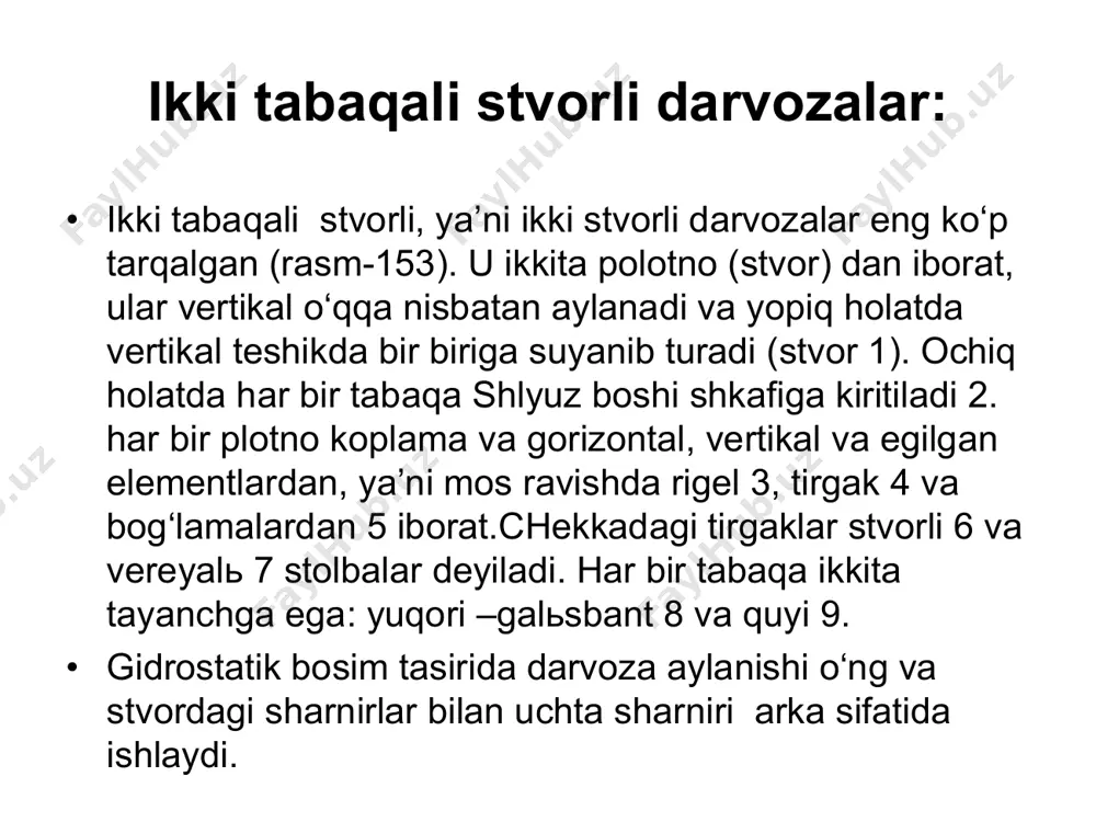 ки айлана ёйи бўйича чизилган балкали ёки аркали тизим шаклида бўлади. биринчи ҳолатда дарвоза ясси, иккинчи ҳолатда цилиндрик дейилади. • ясси дарвозанинг ҳар бир табақаси сиқилишга ва эгилишга ишлайдиган учта шарнирлли арка диски кўринишида бўлади. ясси дарвозаларнинг бир нечти тизимлари мавжуд, улардан энг кўп қулланиладигани ригелли ва тиркагли тизимлар. ригилли дарвозаларда асосий кўтариб турувчи элемент ригел ҳисобланади, у сув босимини қабул қилиб, таянчлари орқали бетон қисмларга юборади. бу тизим табақа узунлиги унинг баландлигига тенг ёки ундан кичик бўлганда қўлланилади. • тиргак дарвозаларда асосий кўтарувчи элемент тиргаклар бўлади, улар сувнинг босимини қабул қилиб бетон элементларига ўтказиб юборади. тиргак дарвозалар табақа узунлиги унинг баландлигидан катта бўлган ҳолларджа қўлланилади. цилиндрик дарвозалар ҳар ьир табақаси сиқилишга ишлайдиган учта шарнирли аркасимон диск кўринишида бўлади. цилиндрик дарвозалар икки хил кўринишда бўлади: биринчи кўринишда ригеллар сиқилишна ишлайди, қоплама фақат сувнинг босимини ўтказиб беради; иккинчи кўринишда сиқилишга қопламалар ишлайди, ригел ва тиргаклар дарвоза табақаси бикрлигини таъминлайди. • цилиндрик …