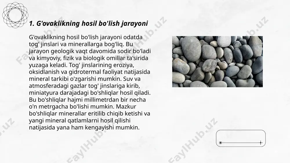 ing harakatlanishini tezlashtiradi, bu esa reaktsiyalar tezligini oshiradi. misol uchun, haroratni 10°c ga oshirish reaksiyalar tezligini taxminan ikki barobar oshirishi mumkin. bosimning o'zgarishi, ayniqsa gazlarda, jism olchamida o'zgarishlarga olib keladi. ideal gaz tenglamasida \( pv=nrt \), bosim va hajmning o'zaro bog'liqligi ko'rinadi. yuqori bosim ostida gazlar siqiladi, harorat ko'tarilganda esa hajmi kengayadi. bu printsiplar sanoat jarayonlarida, masalan, ammiak ishlab chiqarishda le shatelye printsipi asosidagi temperatura va bosim nazorati uchun qo'llaniladi. ... t.me/slaydai_bot 7. eroziya va denudatsiya jarayonlari eroziya va denudatsiya jarayonlari yerning geologik jarayonlari bo‘lib, ularda suv, shamol va muzliklar ta’siri ostida tuproq va tog‘ jinslari yemiriladi va boshqa joyga ko‘chiriladi. eroziya natijasida har yili millionlab tonna tuproq yo‘qoladi. denudatsiya protsesslari yiliga o‘rtacha 0,1–1 mm tog‘ jinslarining yupqalashishiga olib keladi. har qanday relyef shakllari eroziyaning turli xil turlariga duch keladi, masalan, yomonlashish, yuvilish va gorizontal eroziya. natijada, bu jarayonlar relyefni o‘zgartiradi va uzoq vaqt davomida yangi geologik shakllar hosil qiladi. …