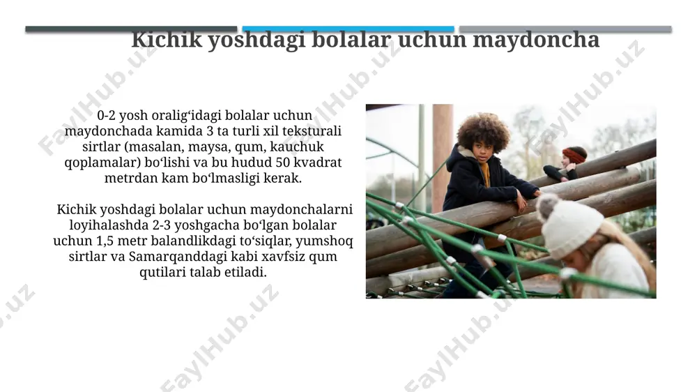 иҳозланган бўлиши мақсадга мувофиқ. maydonni rejalashtirish 12 ёшдан катта болалар учун майдонни режалаштиришда баскетбол майдончаси (26 × 15 метр), футбол майдончасининг кичик нусхаси (10 × 20 метр) ва 1-2 та спорт жиҳозларини нукус шаҳридаги паркда жойлаштириш мақсадга мувофиқдир. 7-12 ёшли болалар учун майдонни режалаштиришда 20-30 квадрат метр майдонни спорт майдончаси, турниклар, сирпаниш ускуналари ва тўп ўйнаш учун 5-7 метрли майдонни ташкил этиш, самарқанддаги мактаблар учун амалий ечим бўлади. katta yoshdagi bolalar uchun maydoncha katta yoshdagi bolalar uchun maydonchalarni loyihalashda 12-18 yosh oralig'idagi o'smirlarning jismoniy rivojlanishi va 30 metrdan kam bo'lmagan yugurish yo'laklarini o'rnatishni hisobga olish kerak. samarqanddagi katta yoshdagi bolalar maydonchasi loyihasida, kamida 2 ta turli xil sport maydonchalari (basketbol, futbol) va 50 ta o'rindiqqa ega dam olish joyi bo'lishi zarur. o'yin maydonchasini saqlash va parvarish qilish xavfsizlikni ta'minlash maqsadida, samarqanddagi bolalar bog'chalari singari, o'yin maydonchalarida 5 yoshgacha bo'lgan bolalar uchun alohida, yumshoq yuzali hududlar ajratilishi kerak. o'yin jihozlarini yiliga …