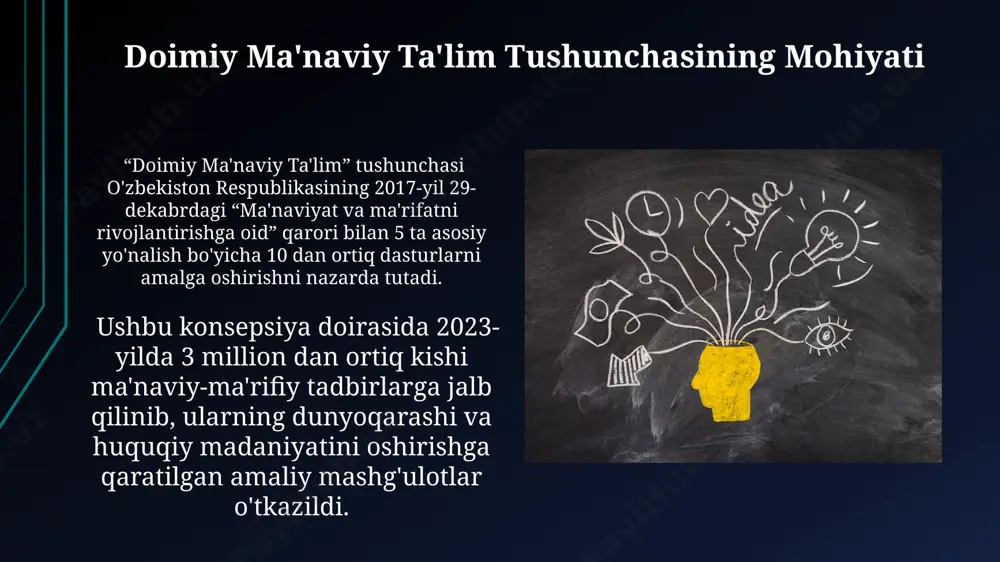 "tolerantlik va bag'rikenglik g'oyalarini tarbiyalash" dasturi 5 yoshdan 18 yoshgacha bo'lgan 3 million o'quvchini qamrab olishni, ularning bag'rikenglik va hurmatga asoslangan munosabatlarini shakllantirishni maqsad qiladi. ma'naviy-axloqiy qadriyatlarni o'rgatish metodlari “ma'naviy-axloqiy qadriyatlarni o'rgatish metodlari”da samarqanddagi 5 ta maktabda o'tkazilgan tadqiqotlar shuni ko'rsatdiki, 70% o'quvchilar interaktiv o'yinlar orqali ma'naviy-axloqiy tushunchalarni yaxshiroq o'zlashtirishadi. buxoro viloyatida 2022-yilda amalga oshirilgan loyiha doirasida 300 dan ortiq o'qituvchilarga ma'naviy-axloqiy tarbiya berishning zamonaviy pedagogik texnologiyalari, jumladan, “portfolio” usuli o'rgatilib, natijalar ijobiy baholandi. inson shaxsiyatini kamol toptirish ushbu konsepsiya doirasida 10 yildan ortiq davom etgan tadqiqotlar natijalari samarqand va buxoro kabi shaharlarda amaliy qo'llanilmoqda, bu esa shaxsning ma'naviy yetukligini oshirishga qaratilgan. “inson shaxsiyatini kamol toptirish” tushunchasi 5 ta asosiy yo'nalishni, jumladan, axloqiy-ma'naviy tarbiyani, intellektual rivojlanishni va ijtimoiy faolligini o'z ichiga oladi, bu esa 21-asr o'zbekistonining taraqqiyoti uchun muhim ahamiyatga ega. e'tiboringiz uchun rahmat @taqdimot_robot image1.jpg image2.jpg image3.jpg image4.jpg image5.jpg image6.jpg image7.jpg image8.jpg image9.jpg image10.jpg image11.jpg