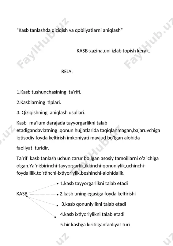 –berilayotgan bilim,malaka va ko’nikmalarni o’zlashtira olishdagi insonning xususiyatidir. qobiliyatning o’lchamlariga –bilim,malaka yoki yuqorililik kabi ko’rsatgichlar kiradi.qobilyat doimo yuqori yoki past bo’lavermaydi.inson biror sohada qobiliyati yuqori bo’lsa,bosqasida past bo’lishi mumkin.o’quvchilarning kasb tanlashdagi muhim vazifalaridan biri-har kim o’zining qobiliyati ni yuqori ekanligini aniqlashdir. xulosa qilib aytdigan bo’lsak,qiziqish bizning qaysi sohaga nisbatan alohida munosabatimiz borligini belgilab bersa,qobiliyato’sha sohadagi bilim,malaka va ko’nikmalarni o’zlashtira olishimiz imkoniyatlarini belgilab berar ekan. foydalanilgan adabiyotlar: 1.kasb qanday tanlanadi. a.jalolov toshkent 2010 2.hunarmandlar shahri. m.ortiqova toshkent 2006 3.9-sinf texnologiya darsligi image1.png image2.png
